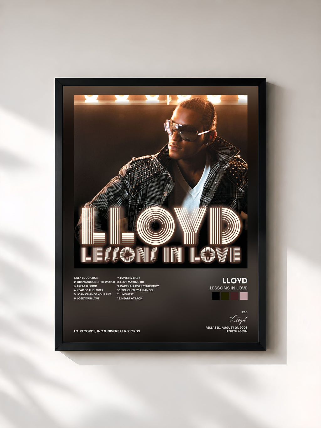 #noir Tableau de l'album Lessons In Love de Lloyd, cadre noir, imprimé et encadré en France