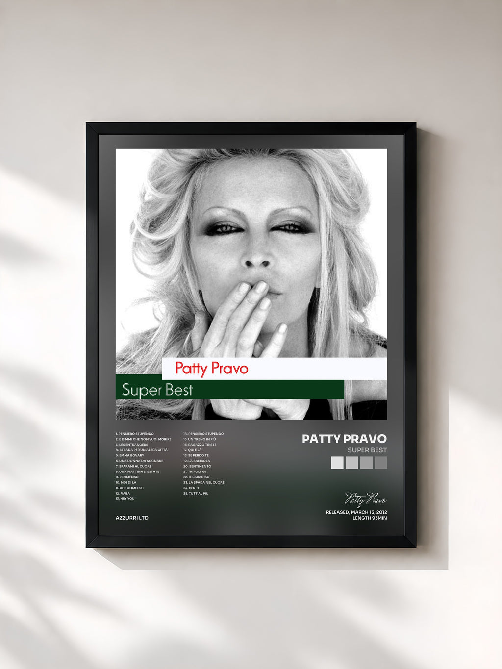#noir Tableau de l'album Super Best de Patty Pravo, cadre noir, imprimé et encadré en France