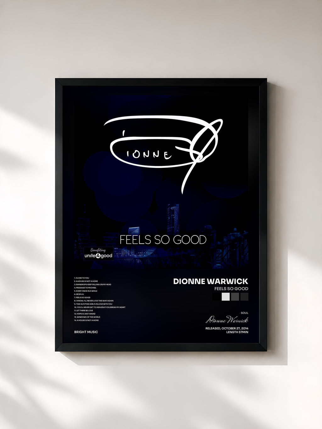 #noir Tableau de l'album Feels So Good de Dionne Warwick, cadre noir, imprimé et encadré en France