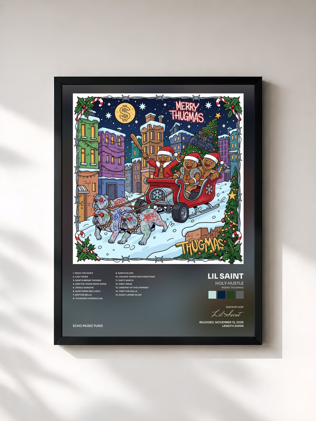 #noir Tableau de l'album Holy Hustle (Merry Thugmas) de Lil Saint, cadre noir, imprimé et encadré en France