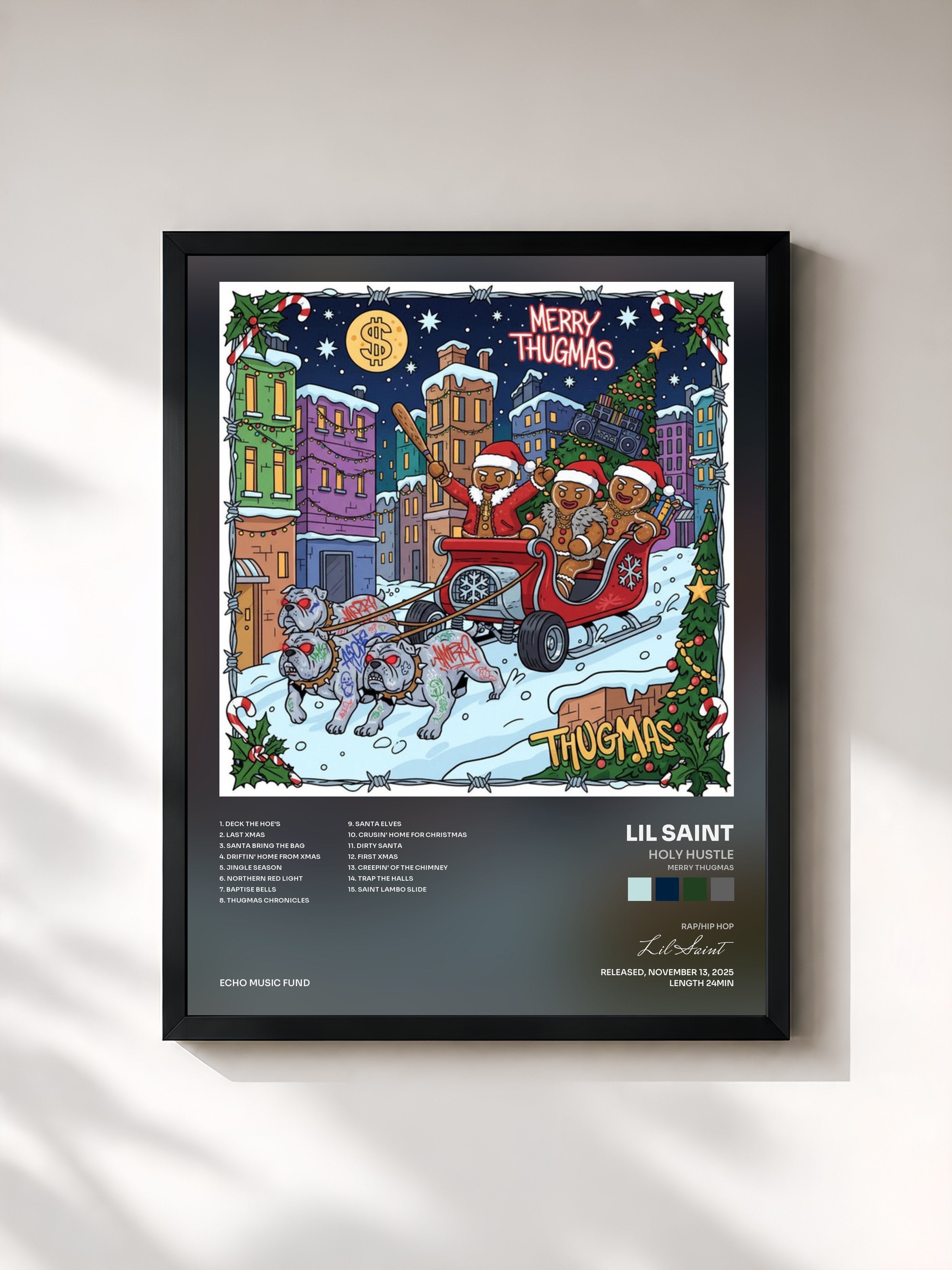 #noir Tableau de l'album Holy Hustle (Merry Thugmas) de Lil Saint, cadre noir, imprimé et encadré en France