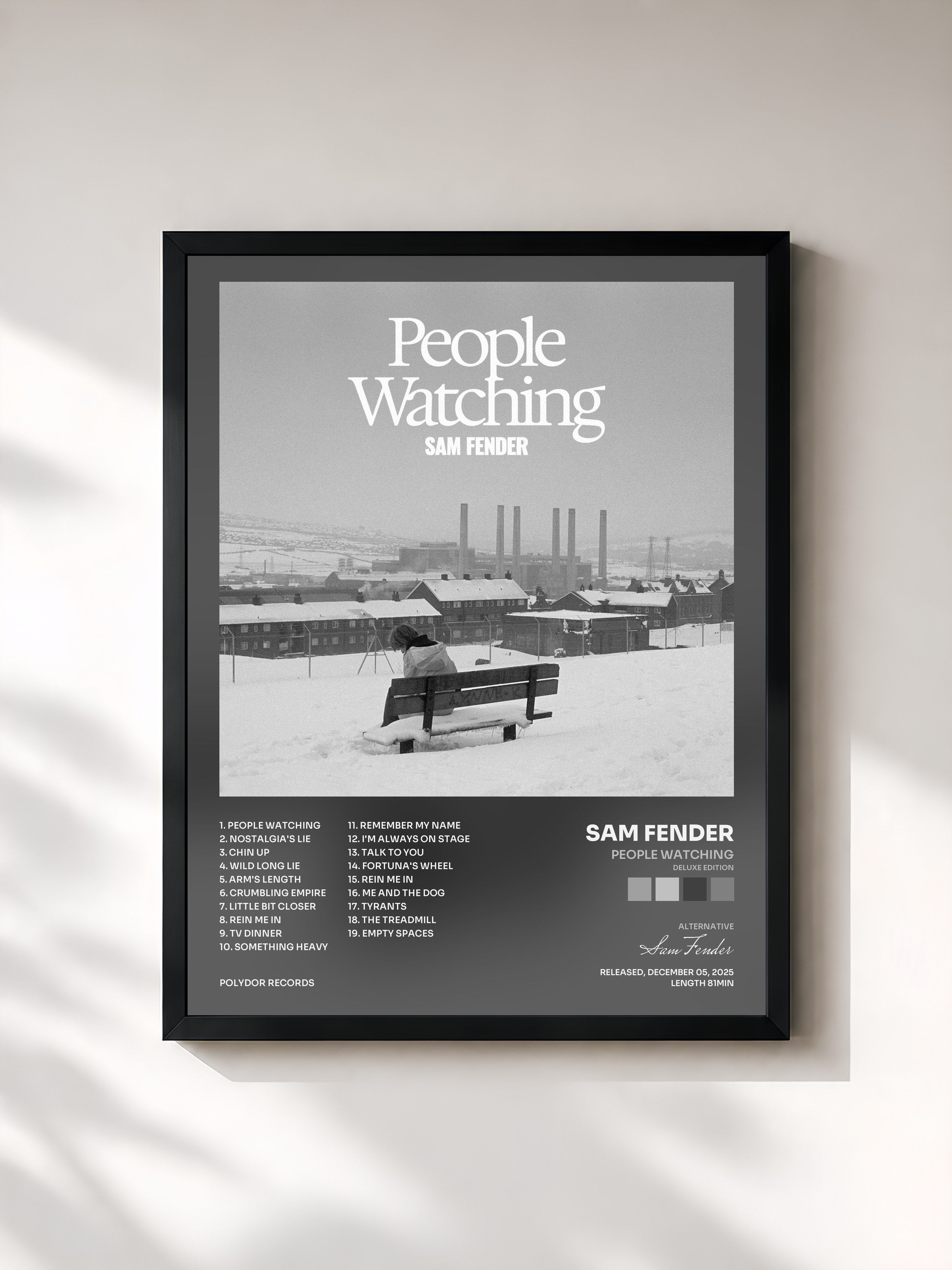 #noir Tableau de l'album People Watching (Deluxe Edition) de Sam Fender, cadre noir, imprimé et encadré en France