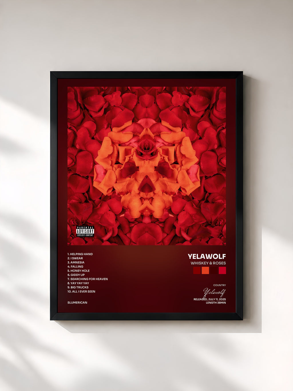 #noir Tableau de l'album Whiskey & Roses de Yelawolf, cadre noir, imprimé et encadré en France