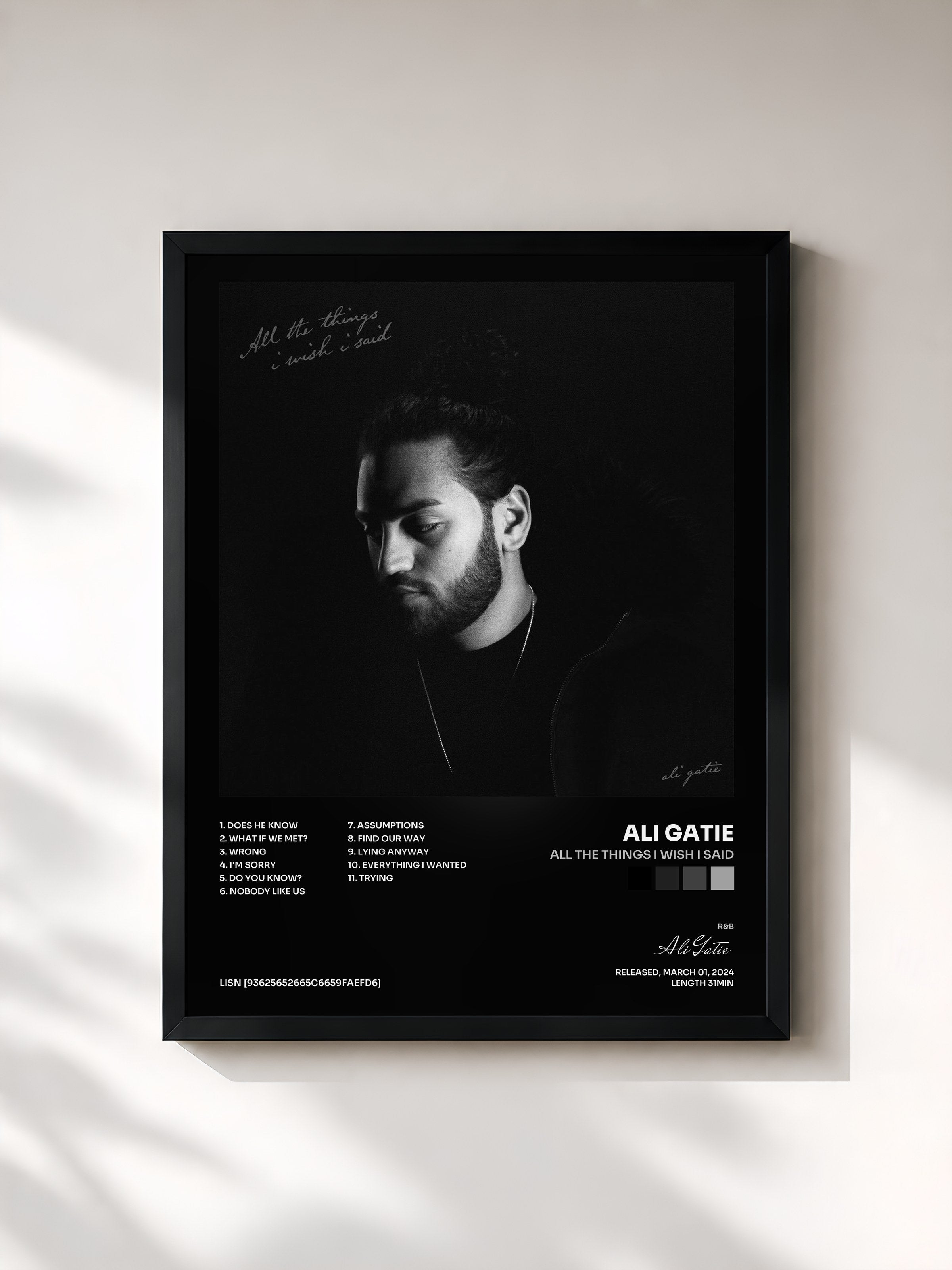 #noir Tableau de l'album all the things i wish i said de Ali Gatie, cadre noir, imprimé et encadré en France