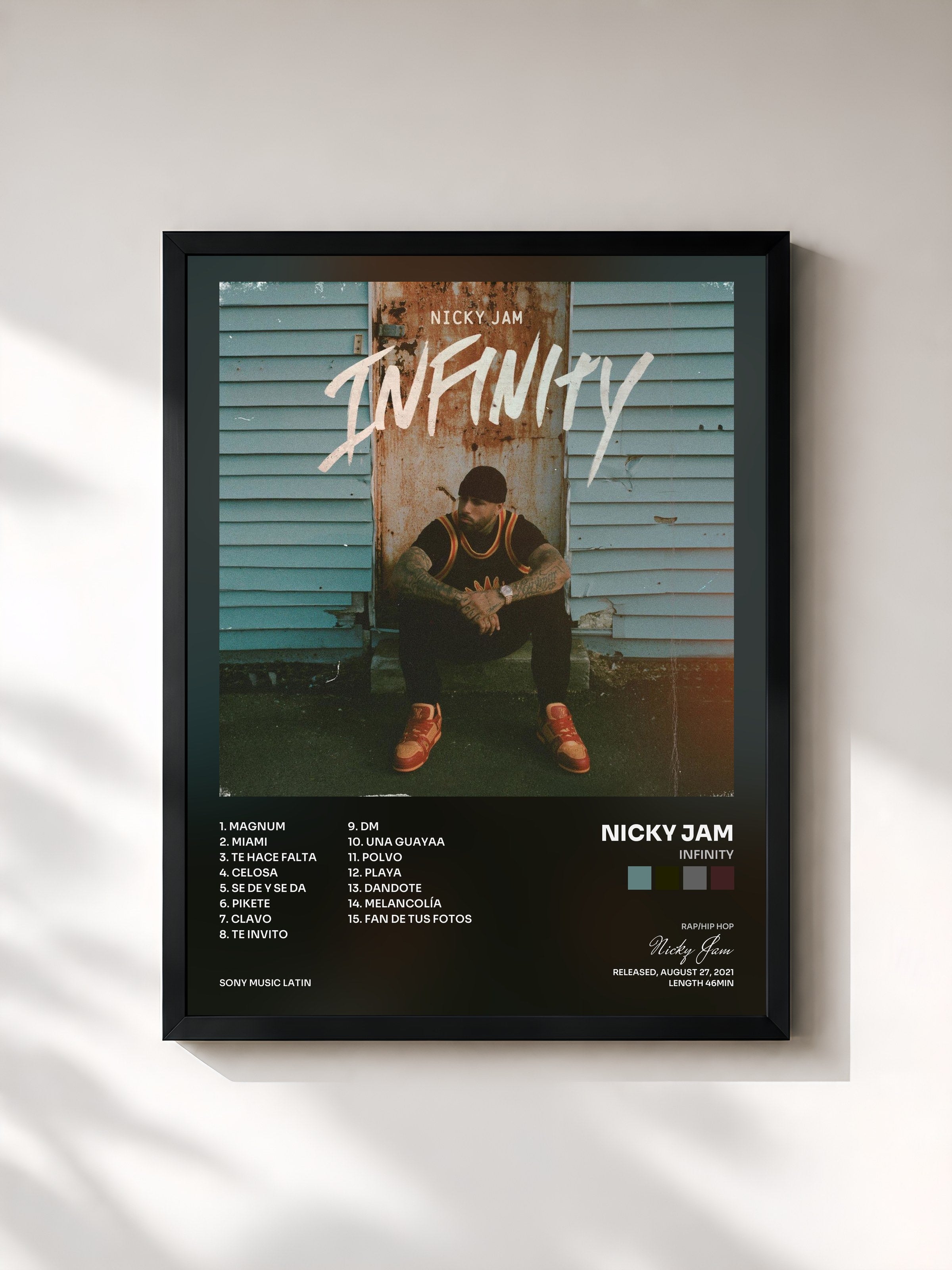 #noir Tableau de l'album Infinity de Nicky Jam, cadre noir, imprimé et encadré en France