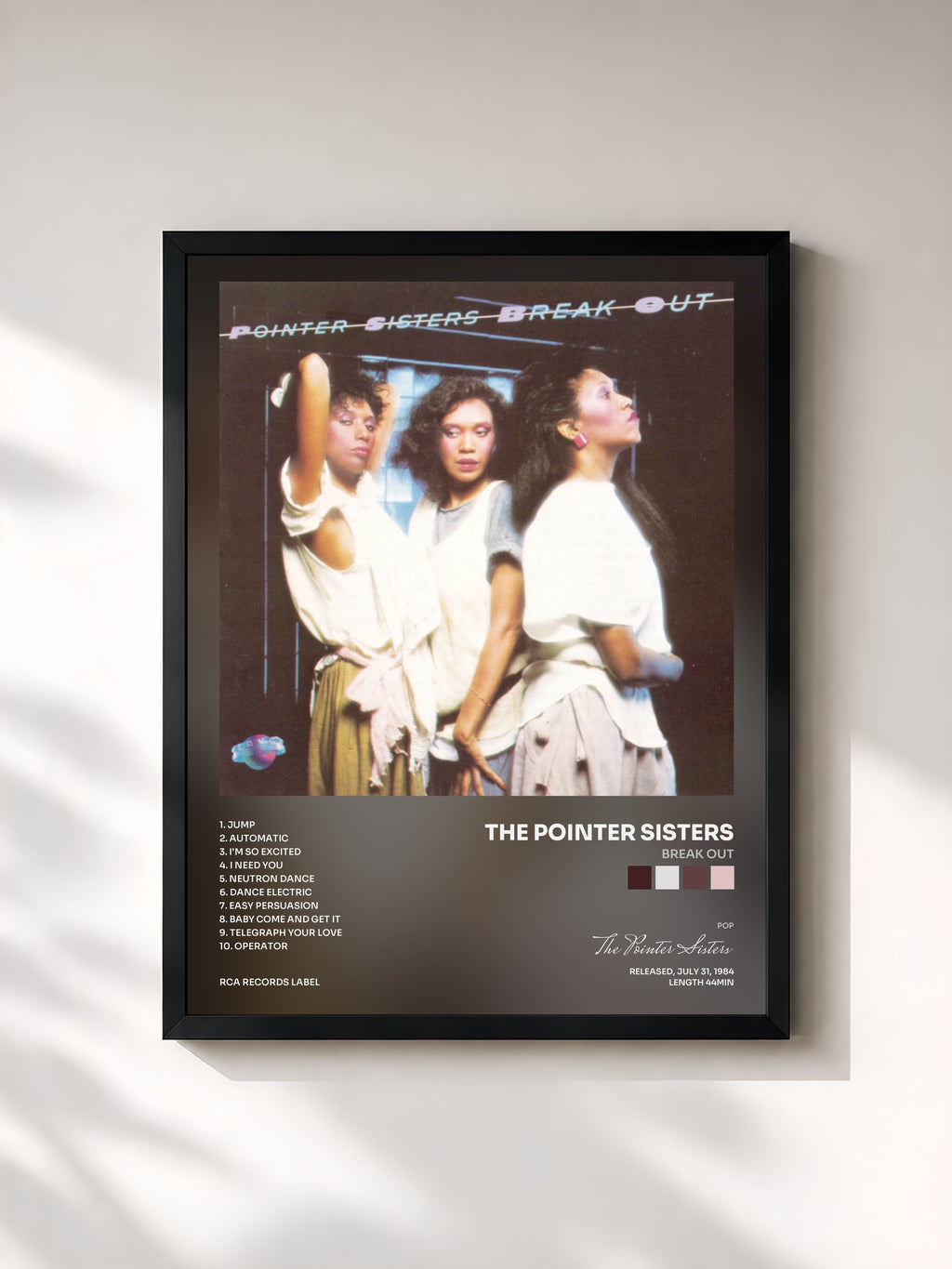 #noir Tableau de l'album Break Out de The Pointer Sisters, cadre noir, imprimé et encadré en France