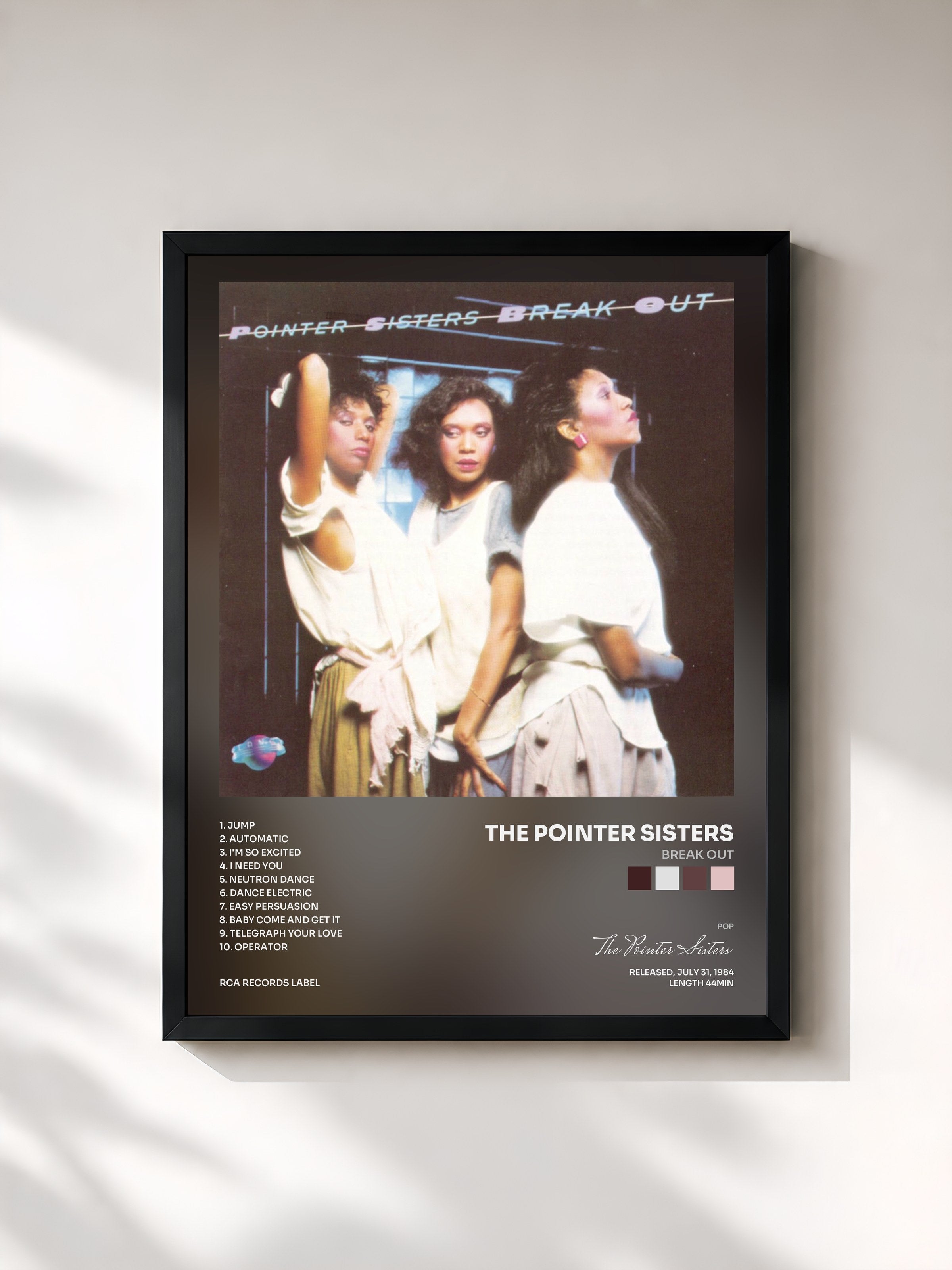#noir Tableau de l'album Break Out de The Pointer Sisters, cadre noir, imprimé et encadré en France