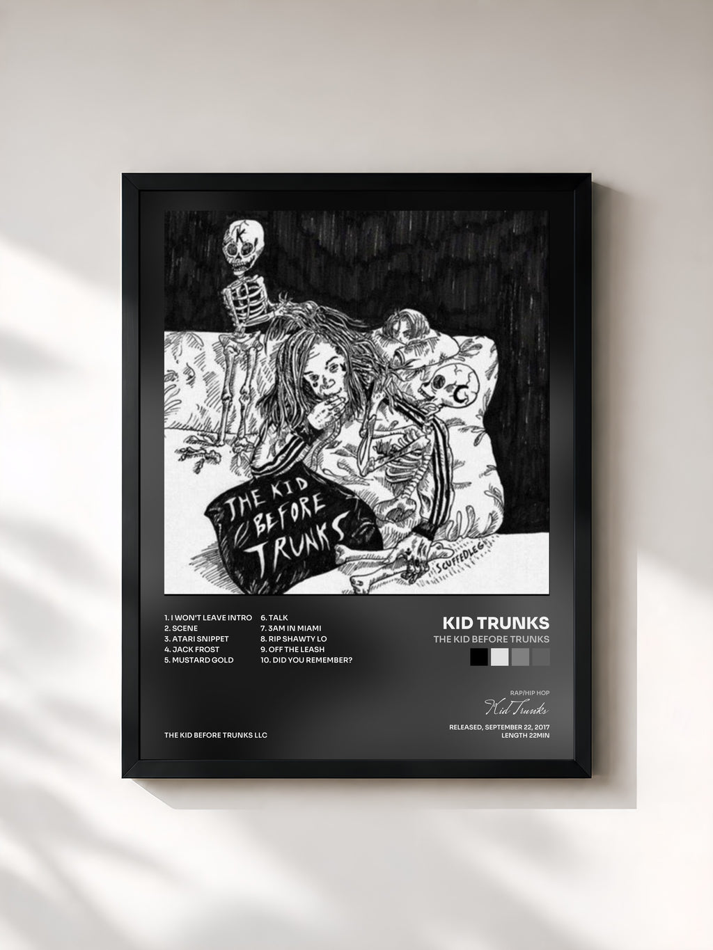 #noir Tableau de l'album The Kid Before Trunks de Kid Trunks, cadre noir, imprimé et encadré en France