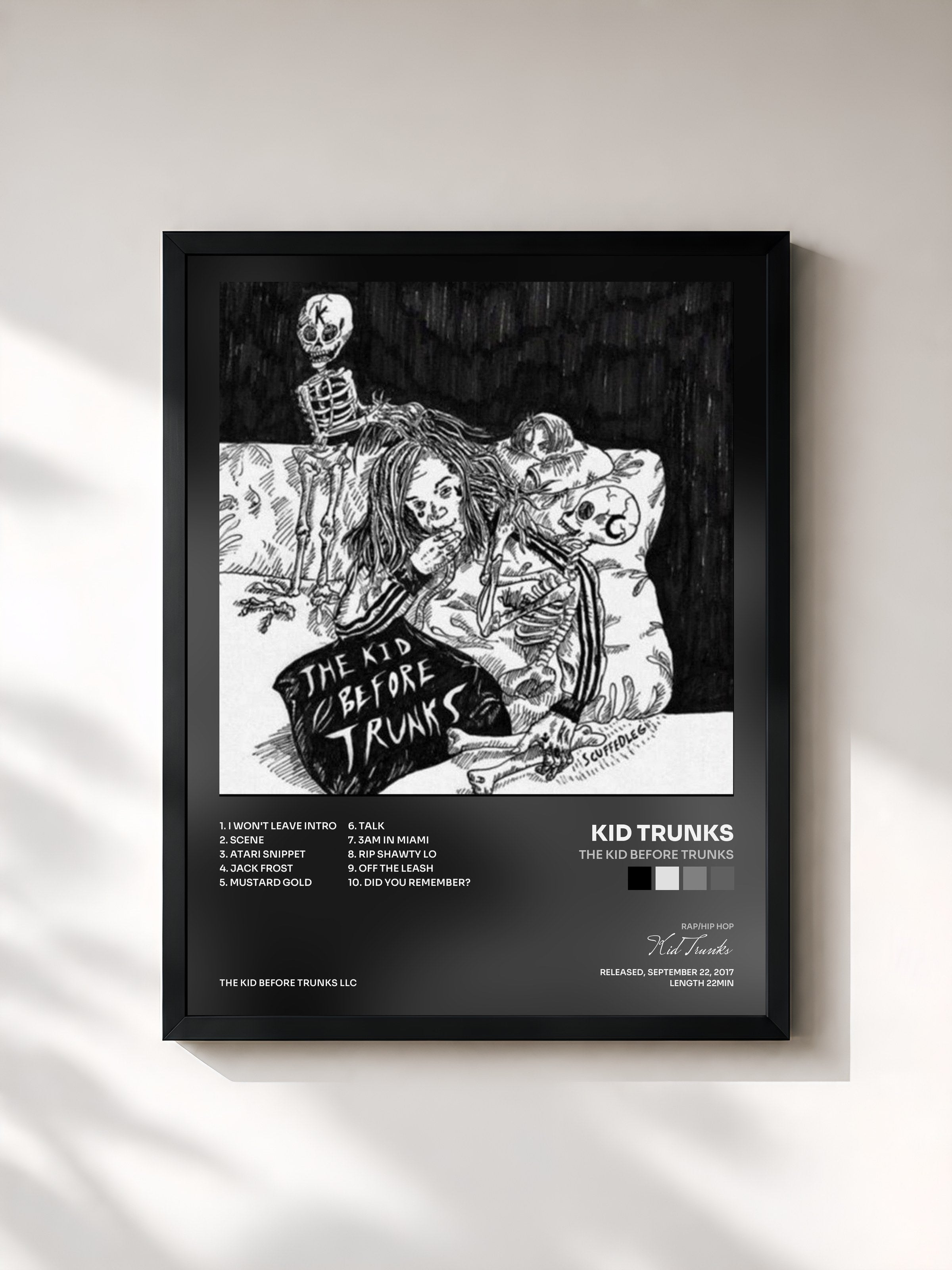 #noir Tableau de l'album The Kid Before Trunks de Kid Trunks, cadre noir, imprimé et encadré en France