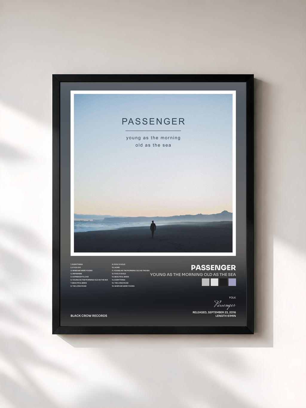 #noir Tableau de l'album Young as the Morning Old as the Sea de Passenger, cadre noir, imprimé et encadré en France