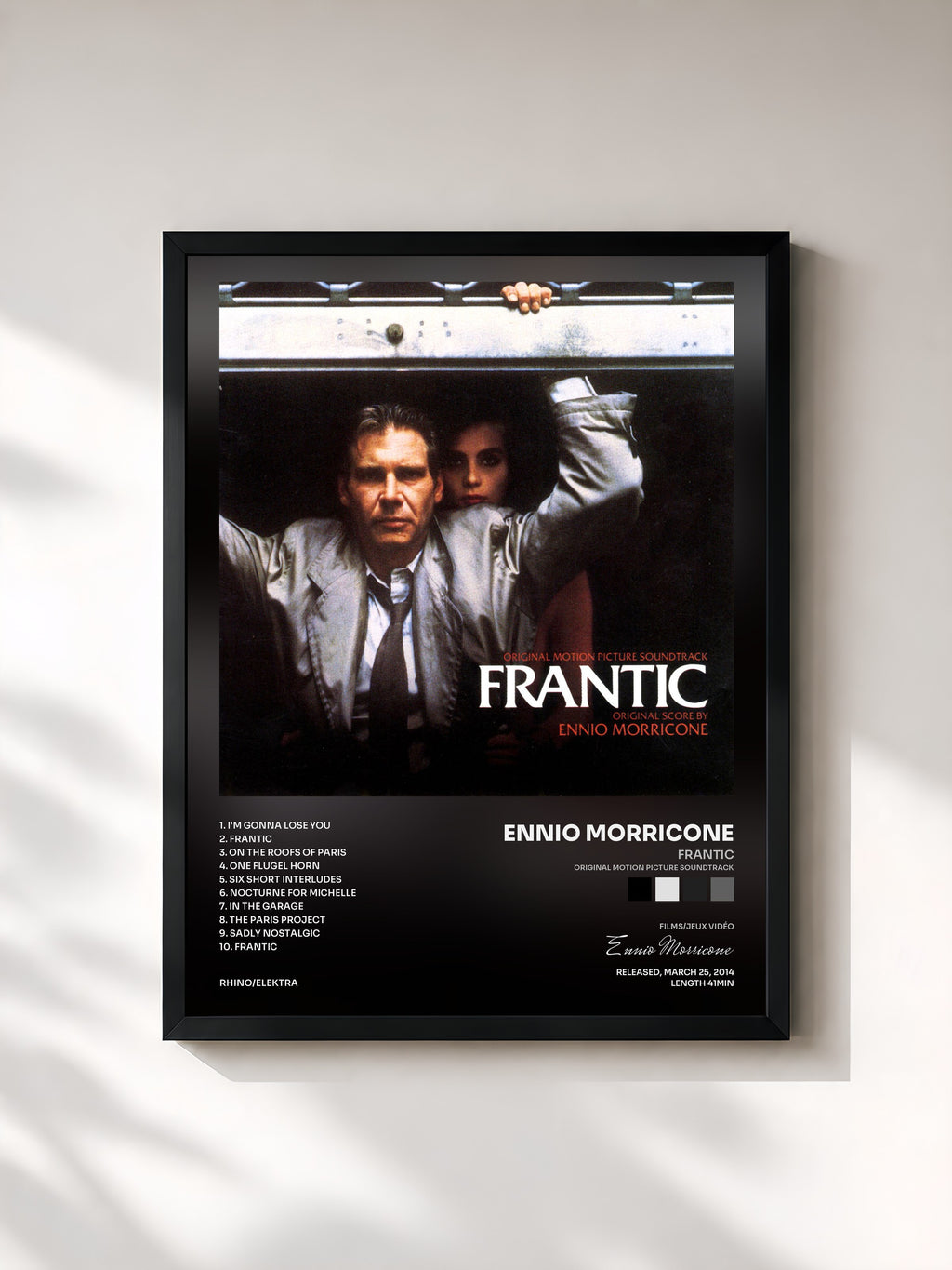#noir Tableau de l'album Frantic (Original Motion Picture Soundtrack) de Ennio Morricone, cadre noir, imprimé et encadré en France