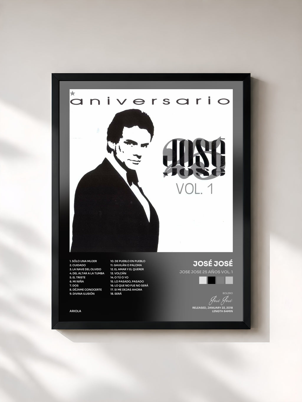 #noir Tableau de l'album Jose Jose 25 Años Vol. 1 de José José, cadre noir, imprimé et encadré en France