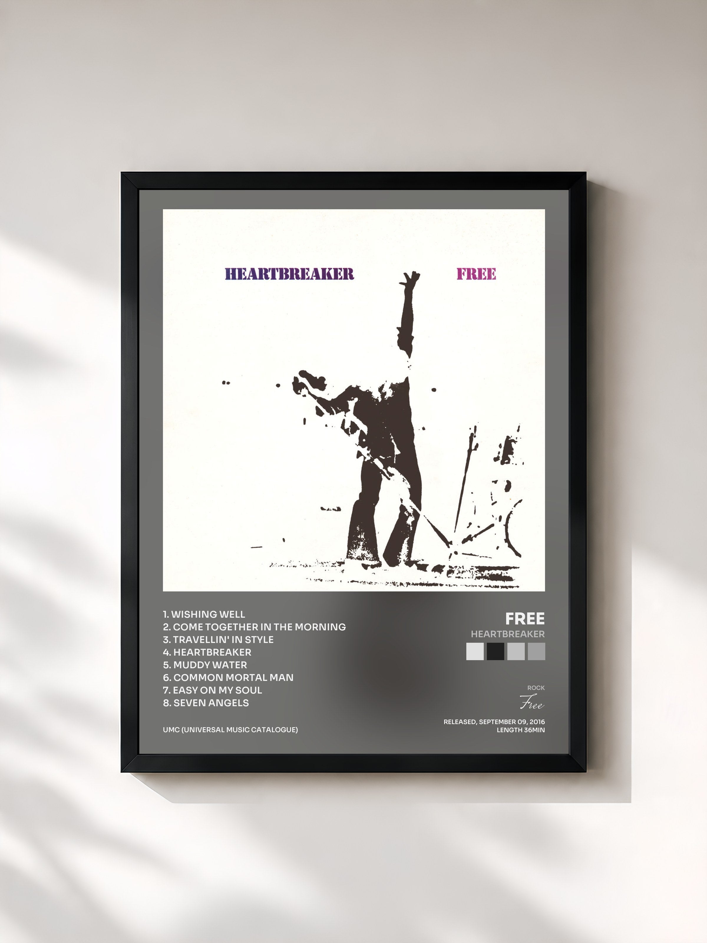 #noir Tableau de l'album Heartbreaker de Free, cadre noir, imprimé et encadré en France