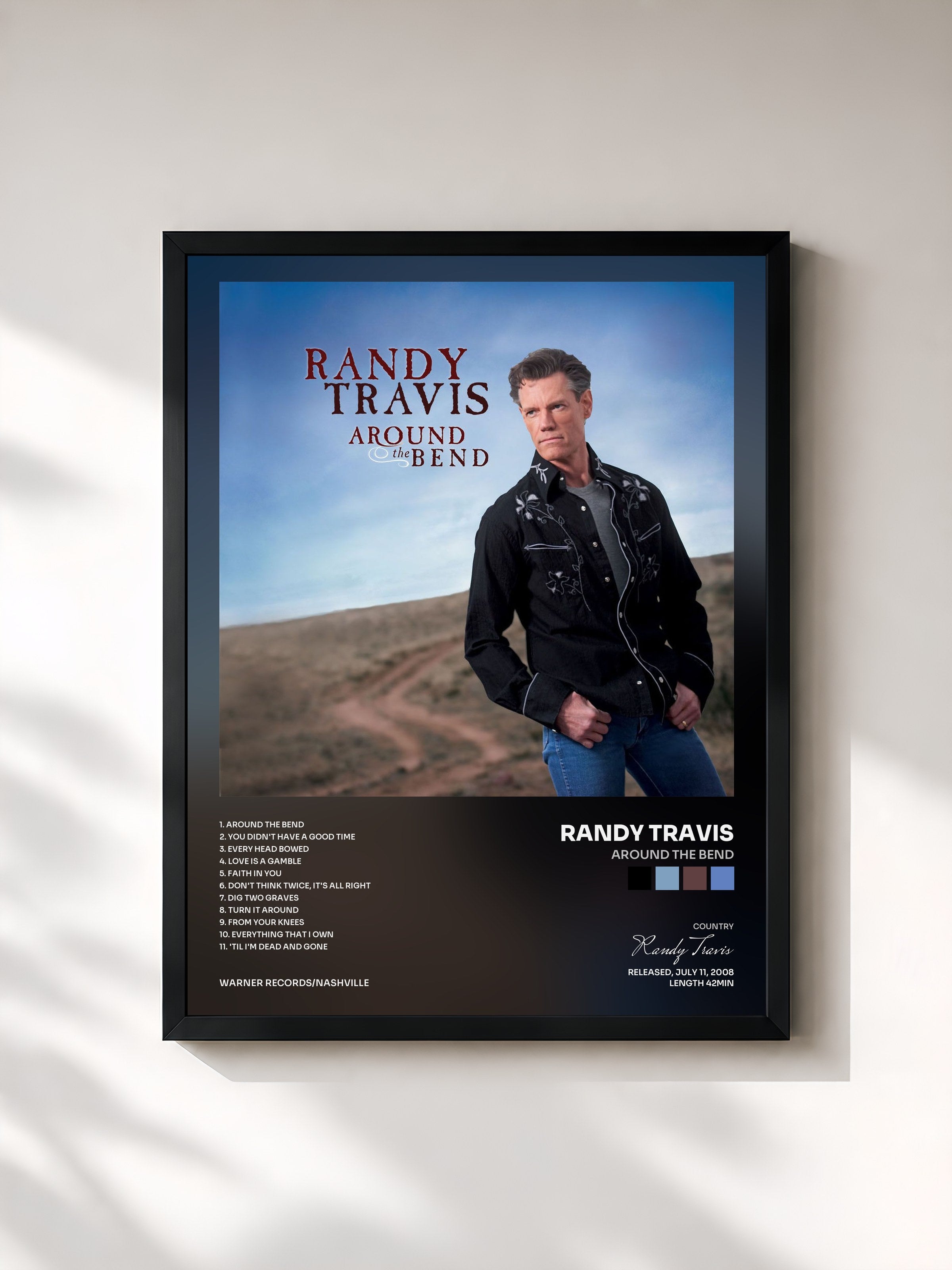 #noir Tableau de l'album Around the Bend de Randy Travis, cadre noir, imprimé et encadré en France