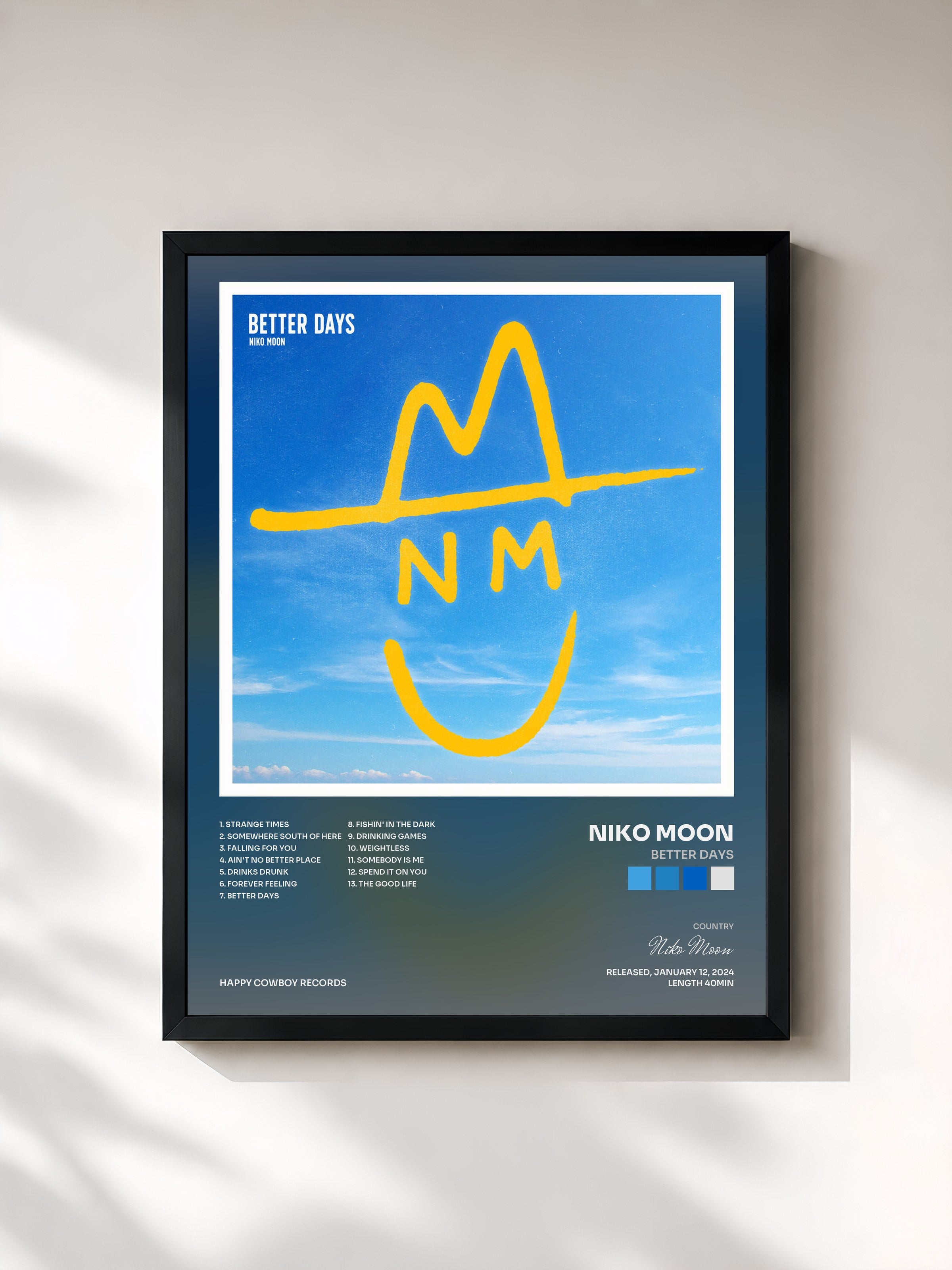 #noir Tableau de l'album BETTER DAYS de Niko Moon, cadre noir, imprimé et encadré en France