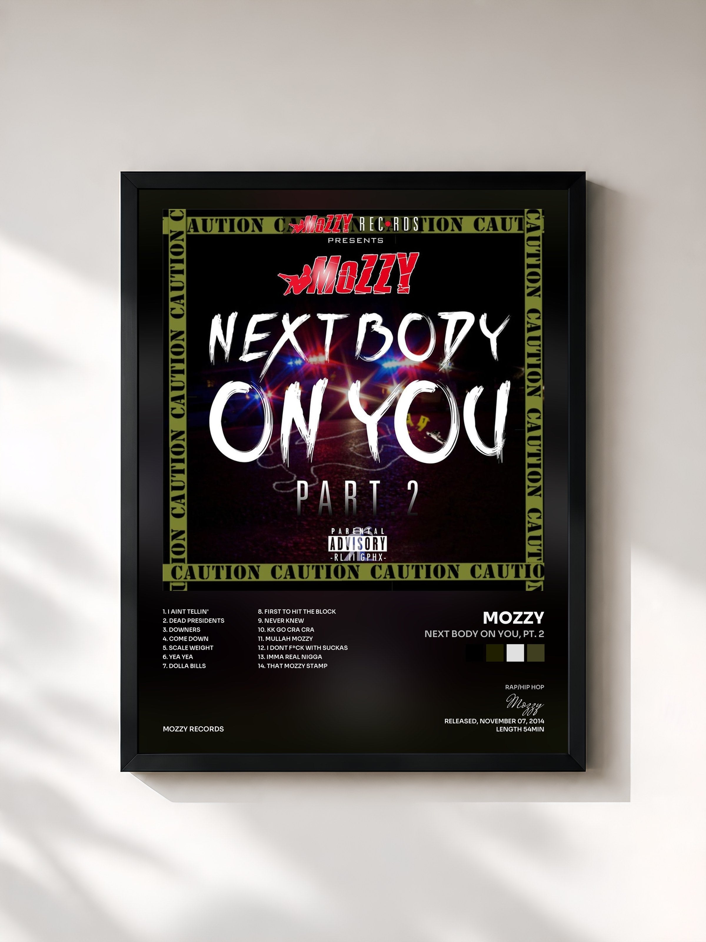 #noir Tableau de l'album Next Body On You, Pt. 2 de Mozzy, cadre noir, imprimé et encadré en France