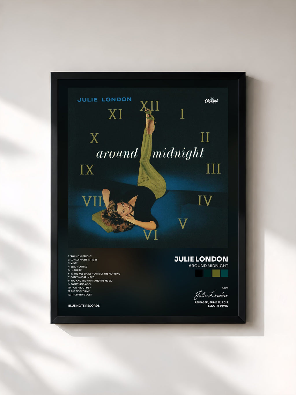 #noir Tableau de l'album Around Midnight de Julie London, cadre noir, imprimé et encadré en France