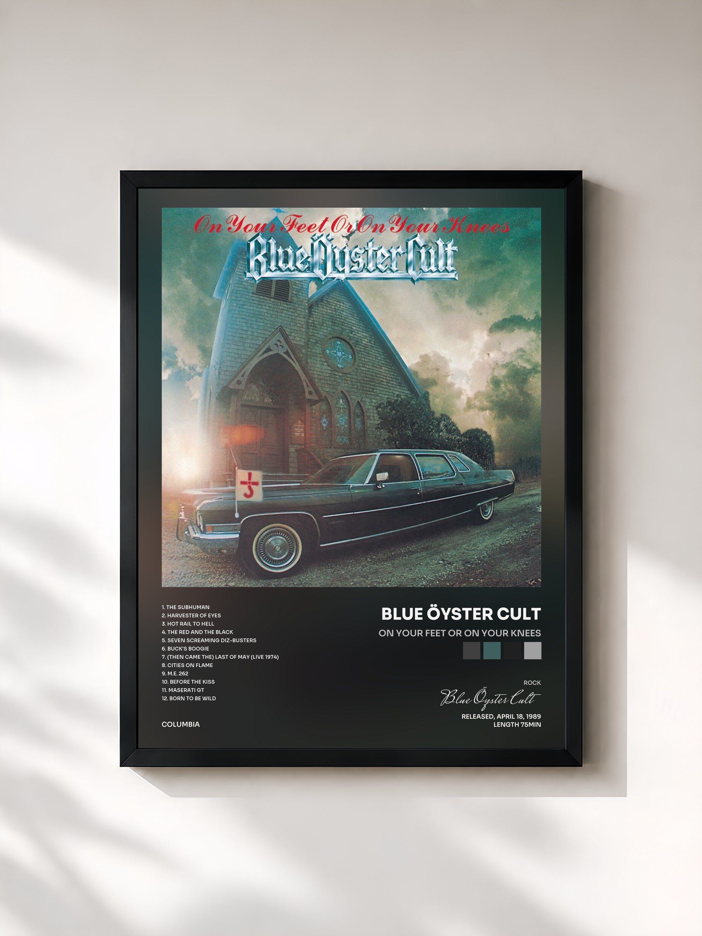 #noir Tableau de l'album On Your Feet Or On Your Knees de Blue Öyster Cult, cadre noir, imprimé et encadré en France
