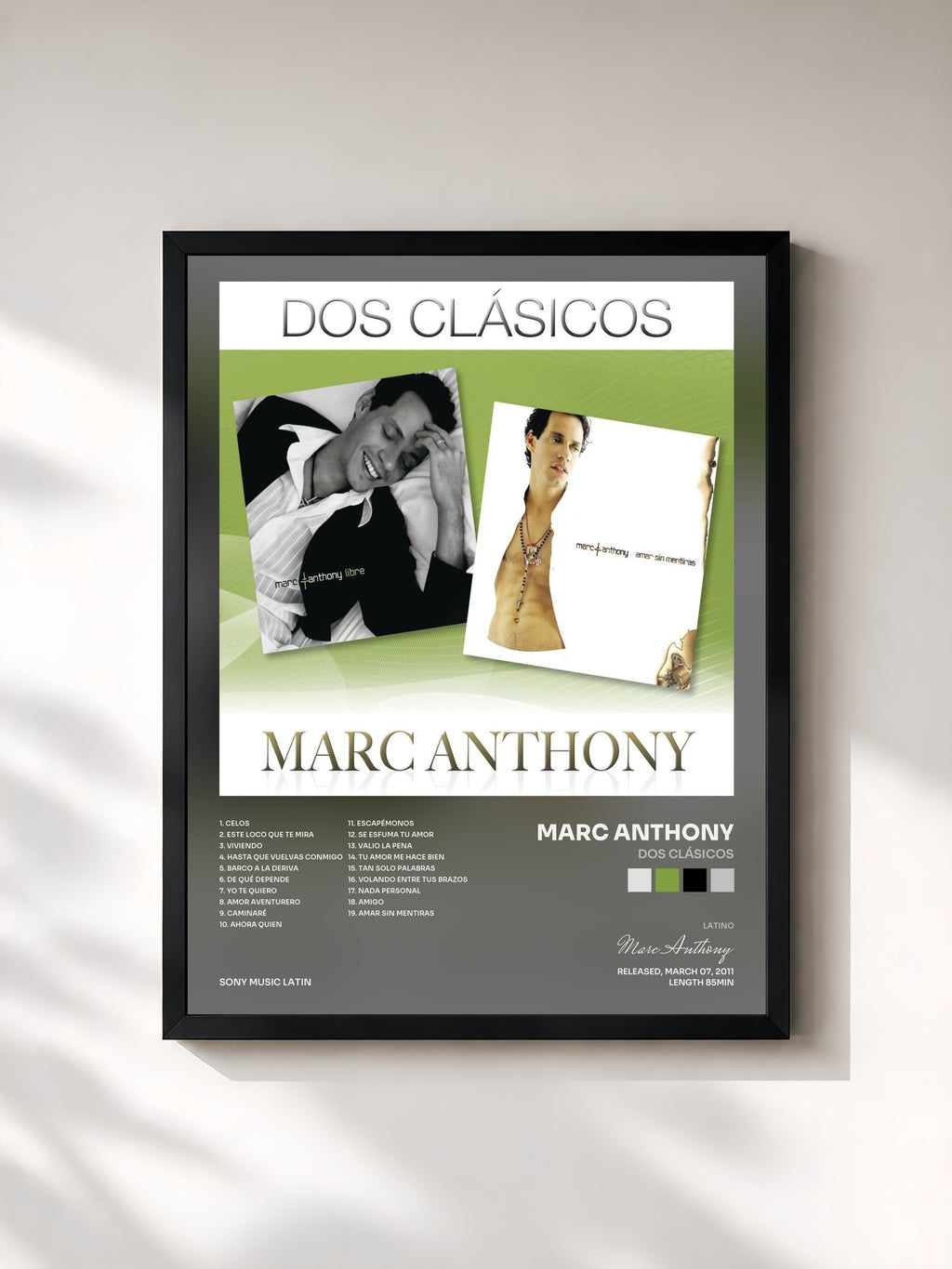 #noir Tableau de l'album Dos Clásicos de Marc Anthony, cadre noir, imprimé et encadré en France