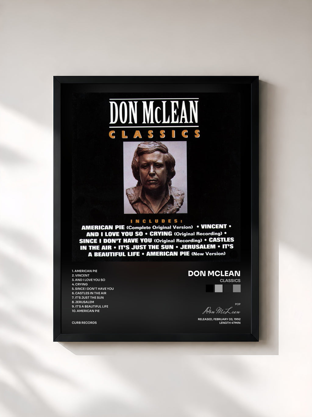 #noir Tableau de l'album Classics de Don McLean, cadre noir, imprimé et encadré en France