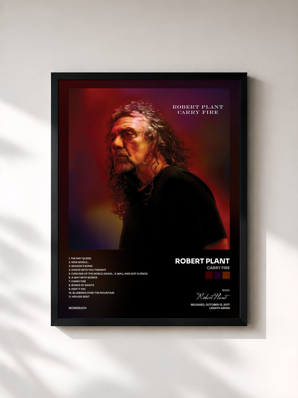 #noir Tableau de l'album Carry Fire de Robert Plant, cadre noir, imprimé et encadré en France
