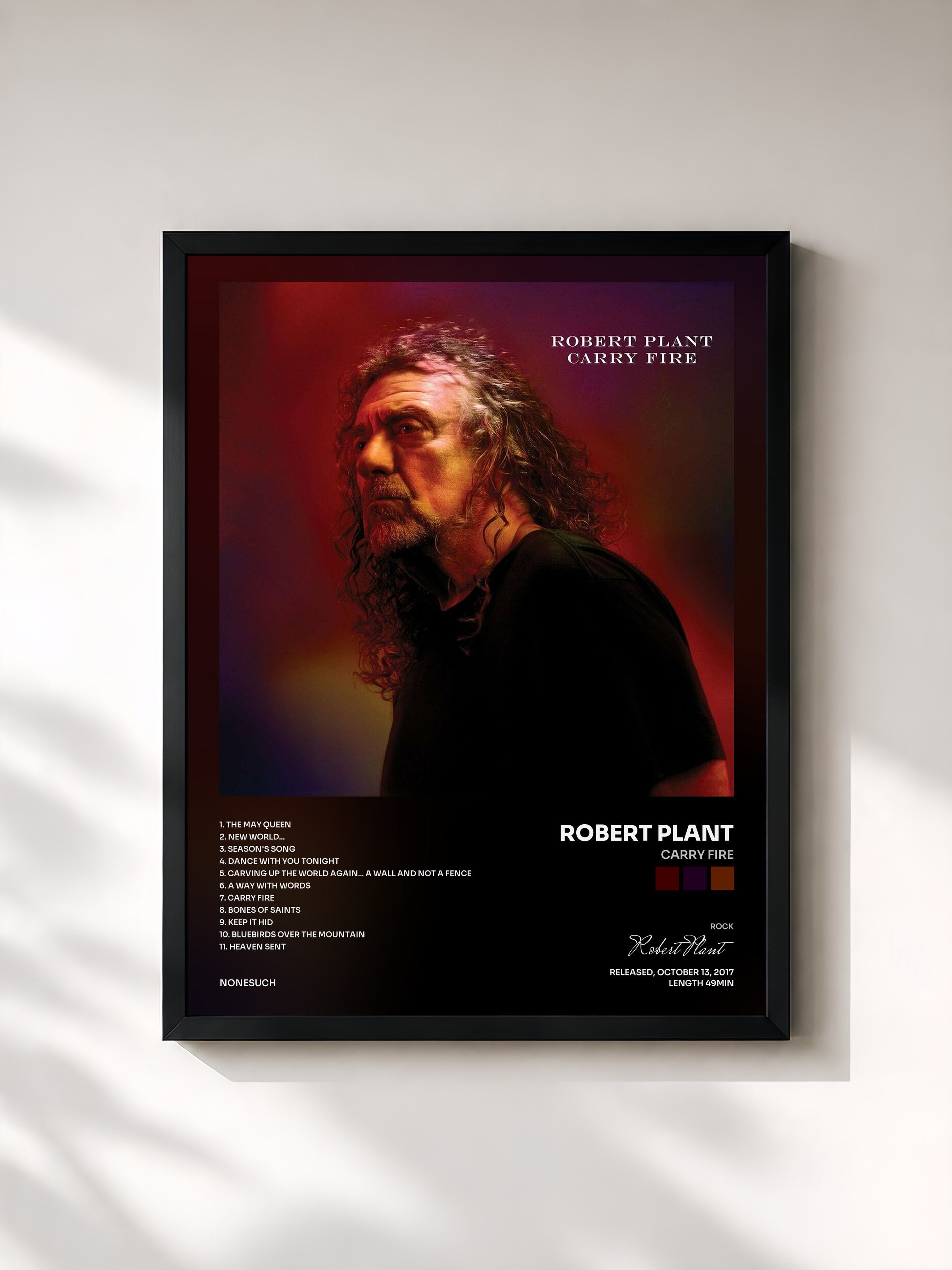 #noir Tableau de l'album Carry Fire de Robert Plant, cadre noir, imprimé et encadré en France