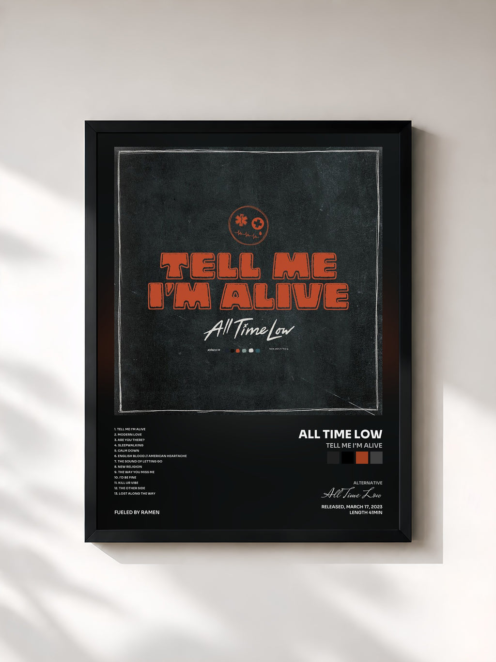 #noir Tableau de l'album Tell Me I'm Alive de All Time Low, cadre noir, imprimé et encadré en France
