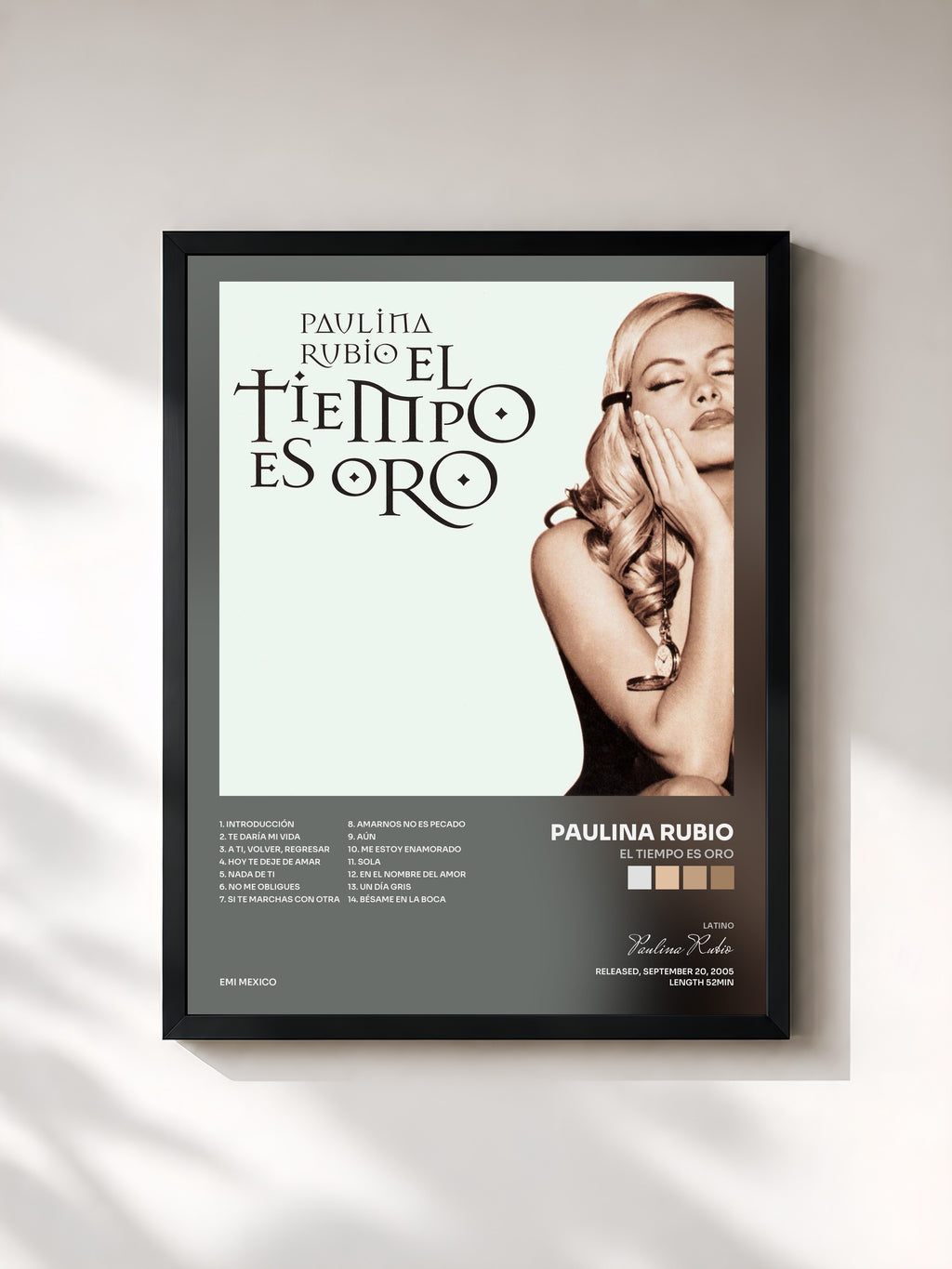 #noir Tableau de l'album El Tiempo Es Oro de Paulina Rubio, cadre noir, imprimé et encadré en France