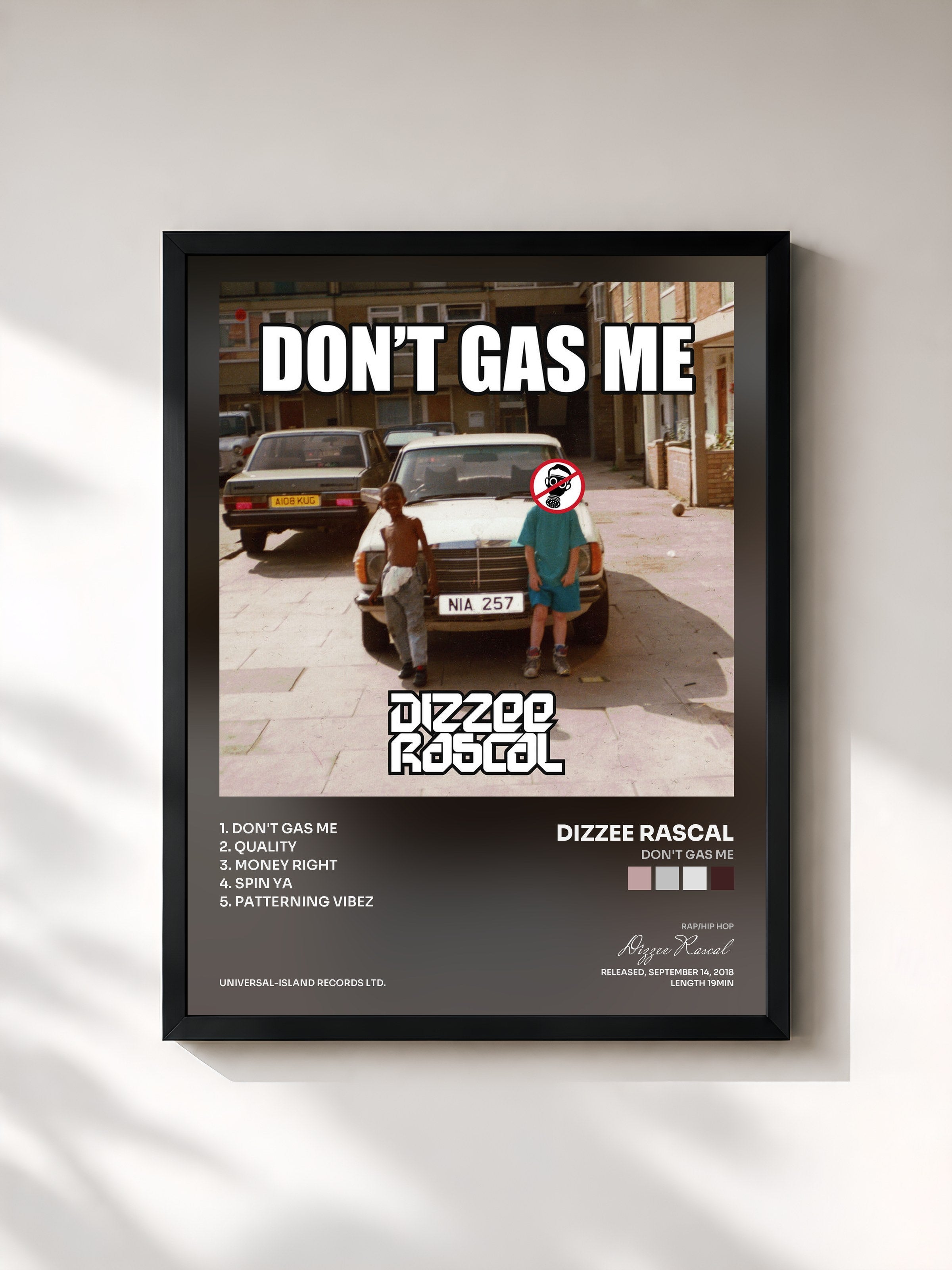 #noir Tableau de l'album Don't Gas Me de Dizzee Rascal, cadre noir, imprimé et encadré en France