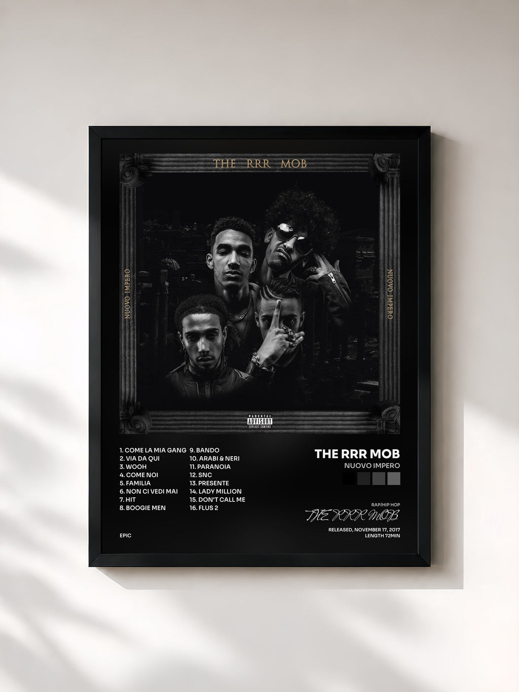 #noir Tableau de l'album Nuovo Impero de THE RRR MOB, cadre noir, imprimé et encadré en France