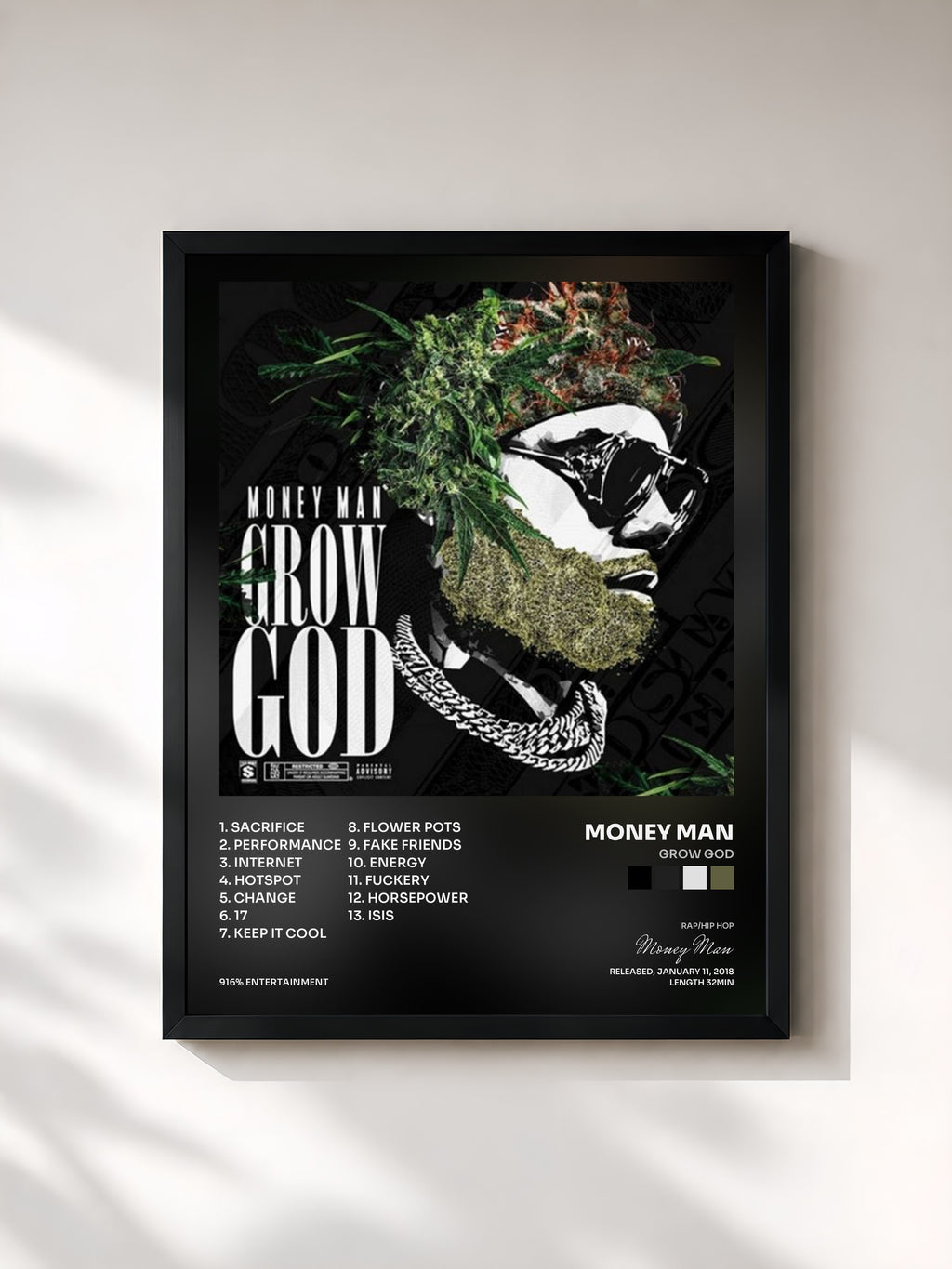 #noir Tableau de l'album Grow God de Money Man, cadre noir, imprimé et encadré en France