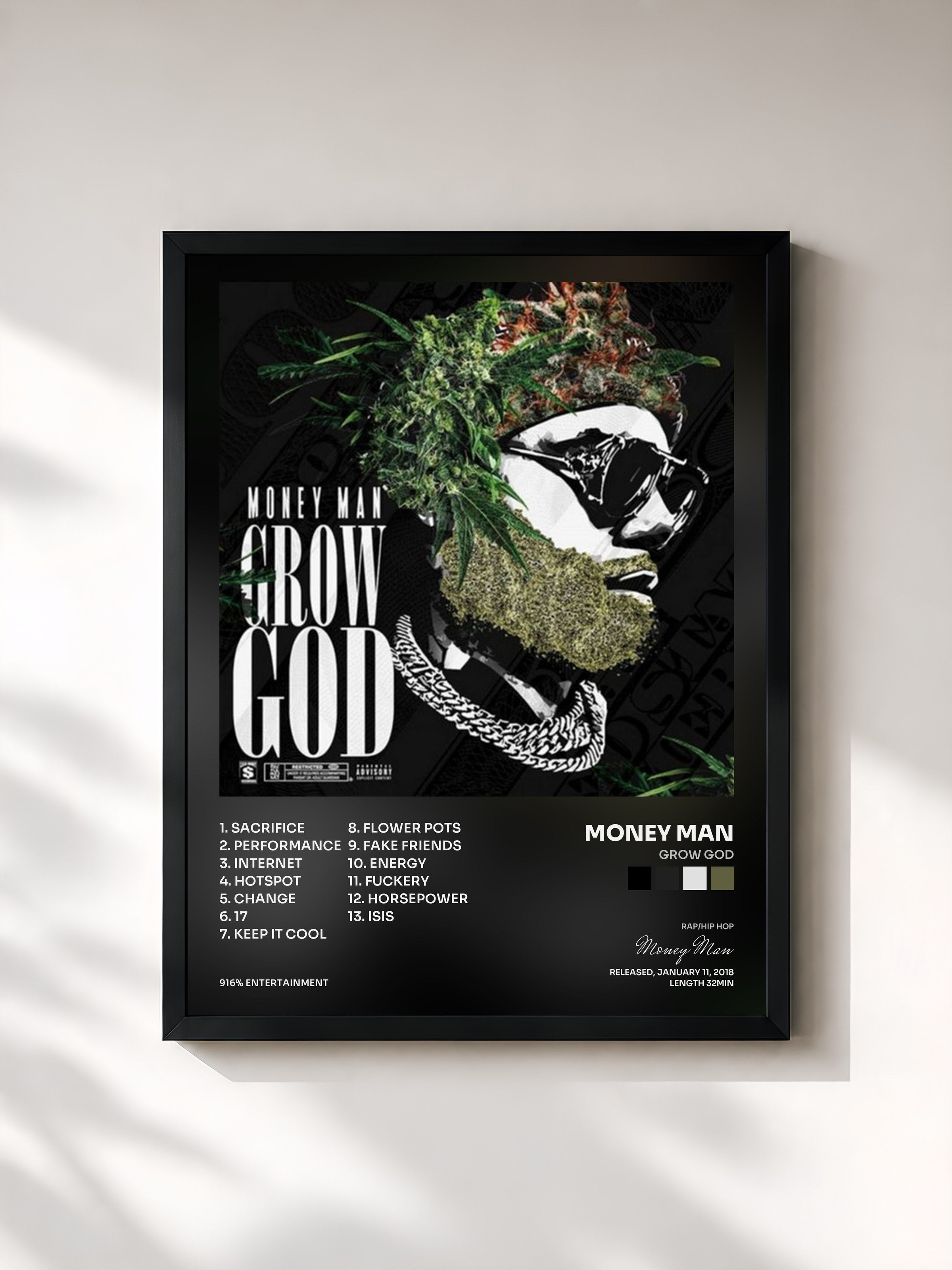 #noir Tableau de l'album Grow God de Money Man, cadre noir, imprimé et encadré en France