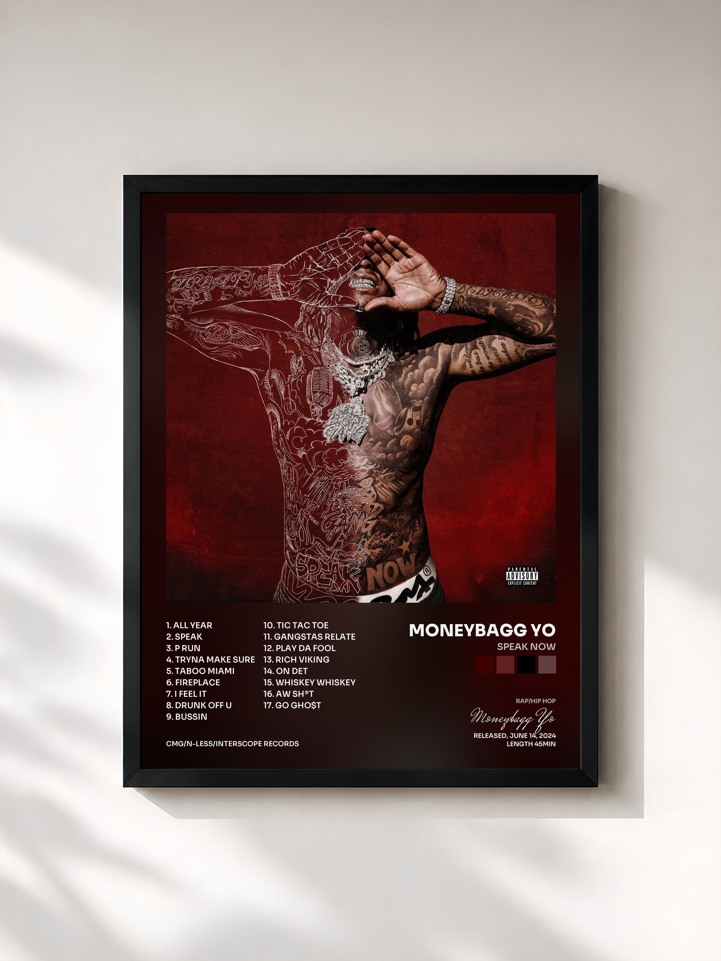 #noir Tableau de l'album SPEAK NOW de Moneybagg Yo, cadre noir, imprimé et encadré en France