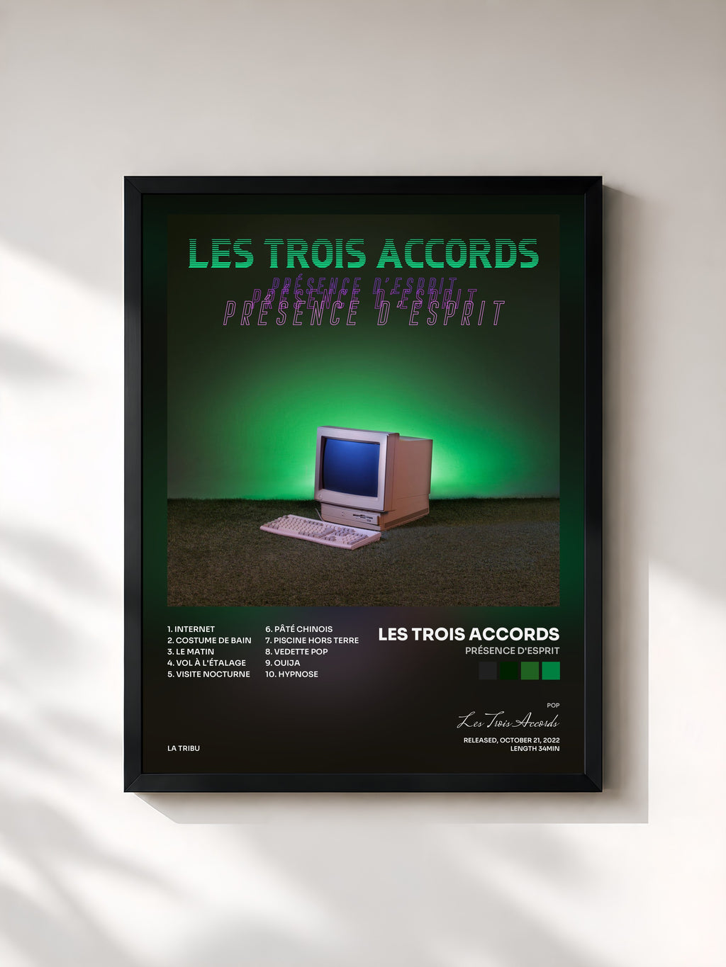 #noir Tableau de l'album Présence d'esprit de Les Trois Accords, cadre noir, imprimé et encadré en France