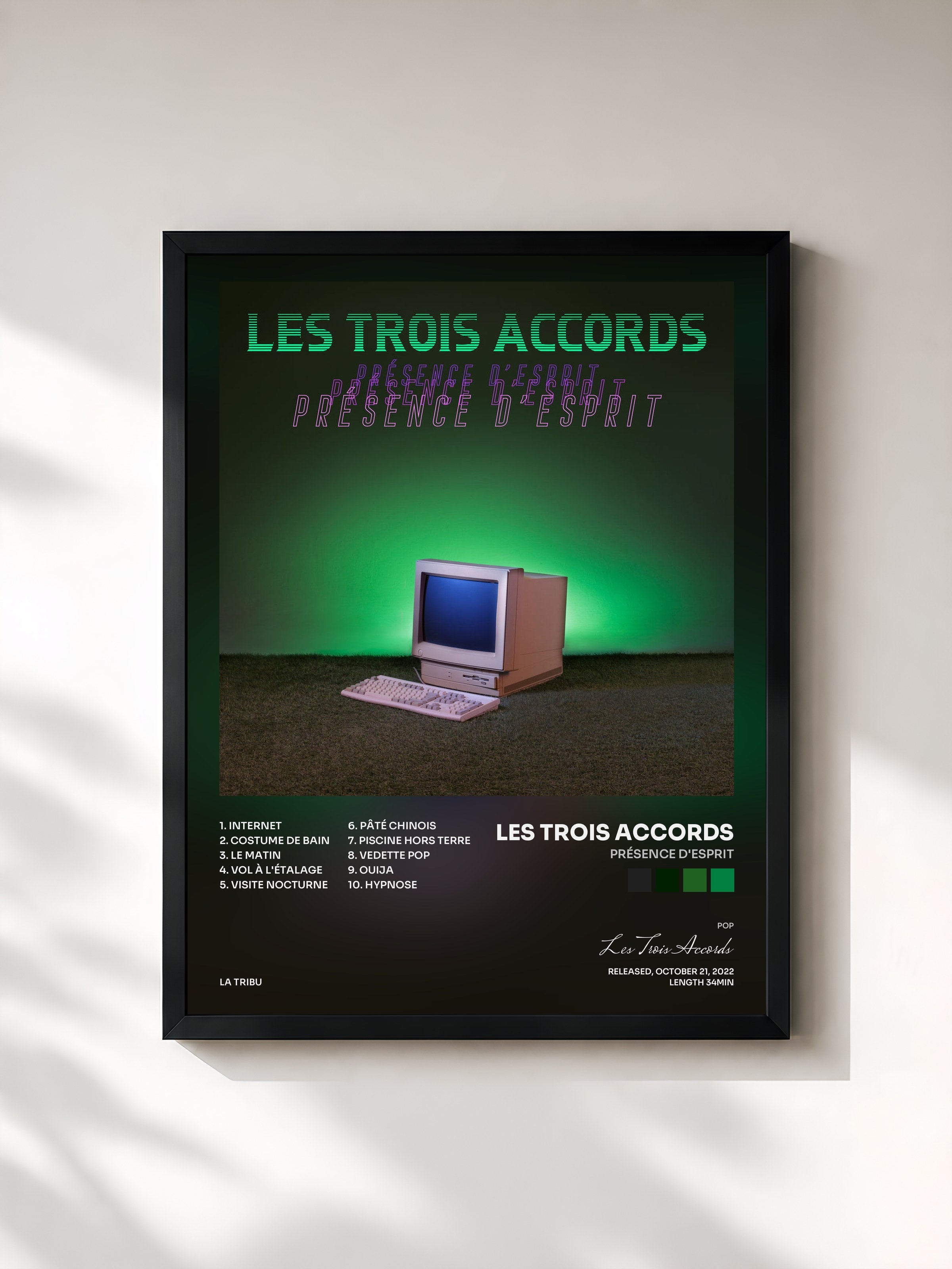 #noir Tableau de l'album Présence d'esprit de Les Trois Accords, cadre noir, imprimé et encadré en France