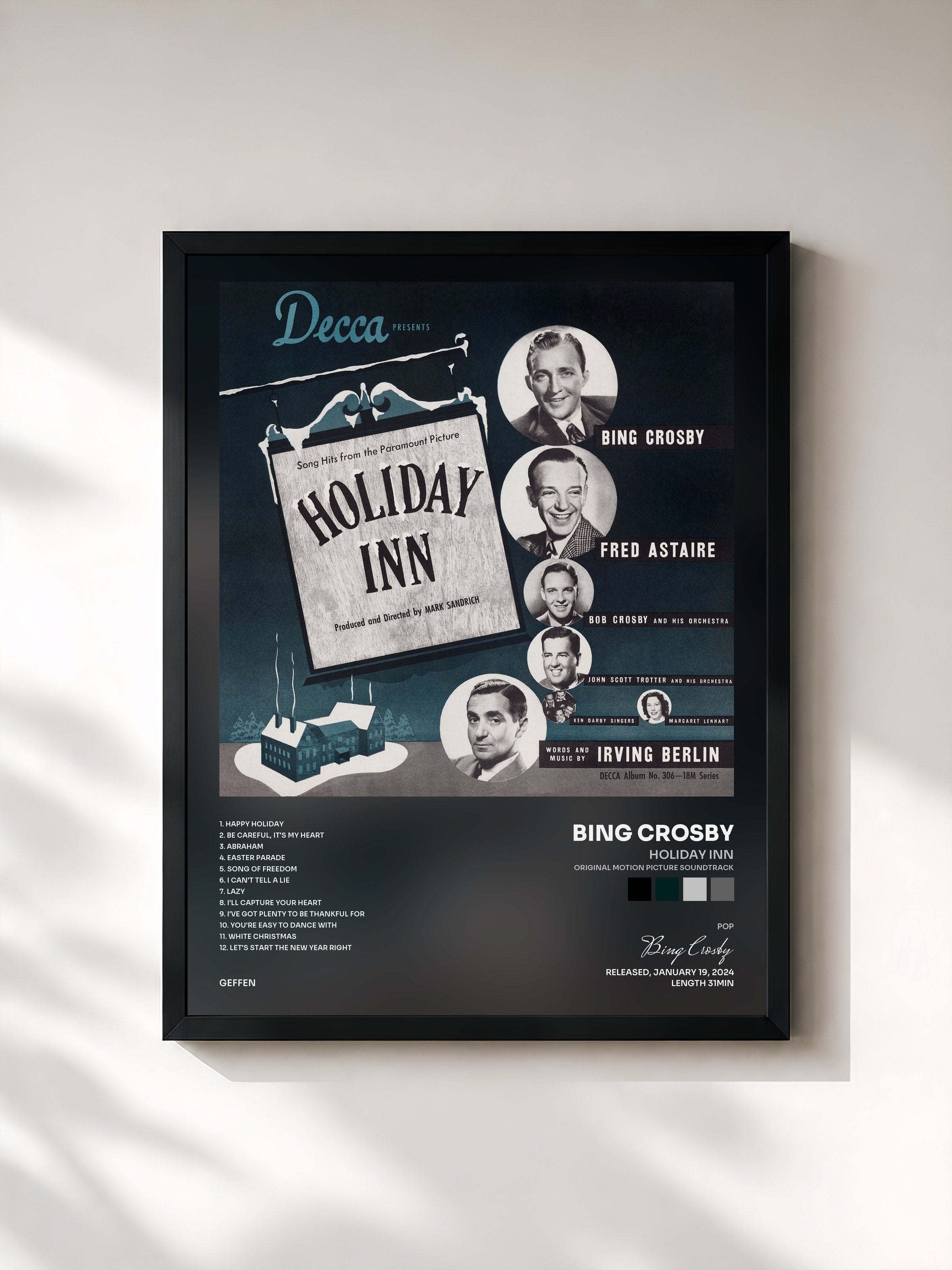 #noir Tableau de l'album Holiday Inn (Original Motion Picture Soundtrack) de Bing Crosby, cadre noir, imprimé et encadré en France