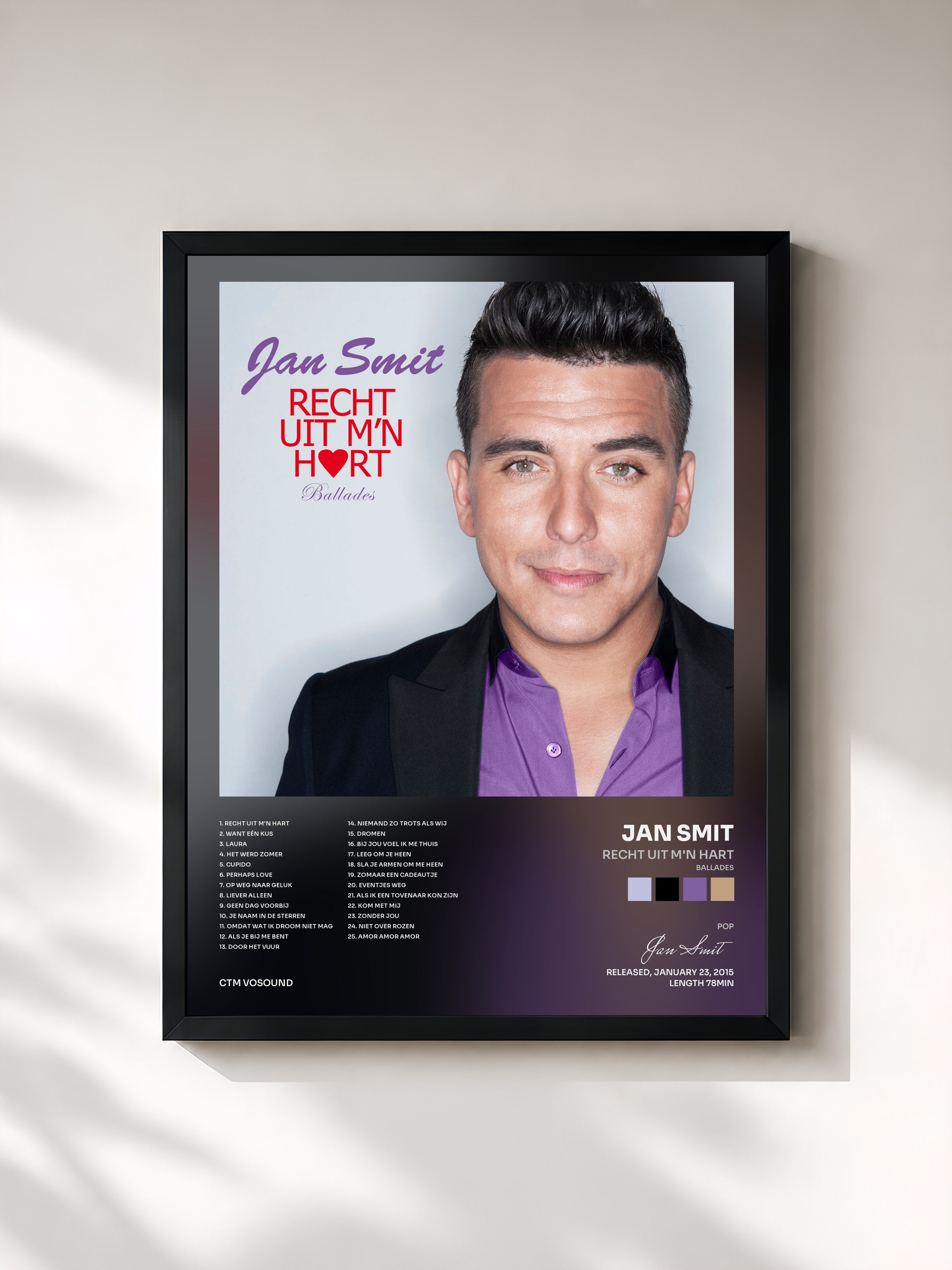 #noir Tableau de l'album Recht Uit M'n Hart (Ballades) de Jan Smit, cadre noir, imprimé et encadré en France