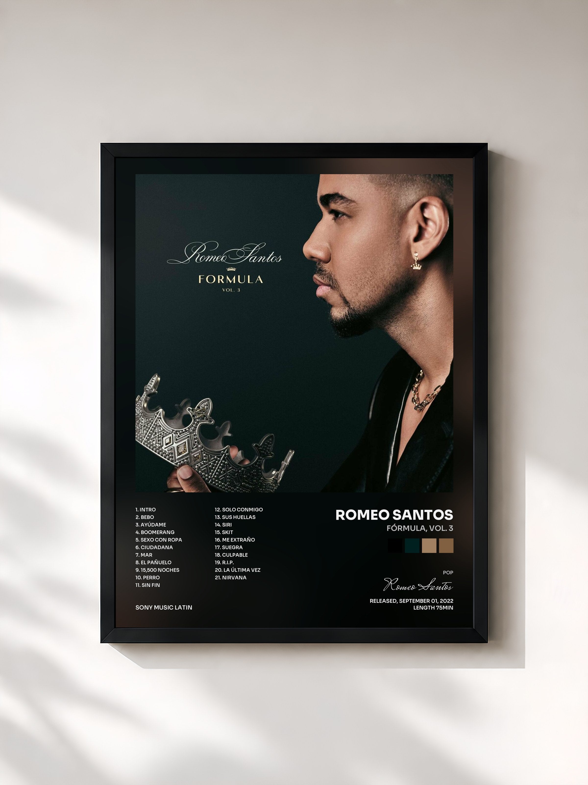 #noir Tableau de l'album Fórmula, Vol. 3 de Romeo Santos, cadre noir, imprimé et encadré en France