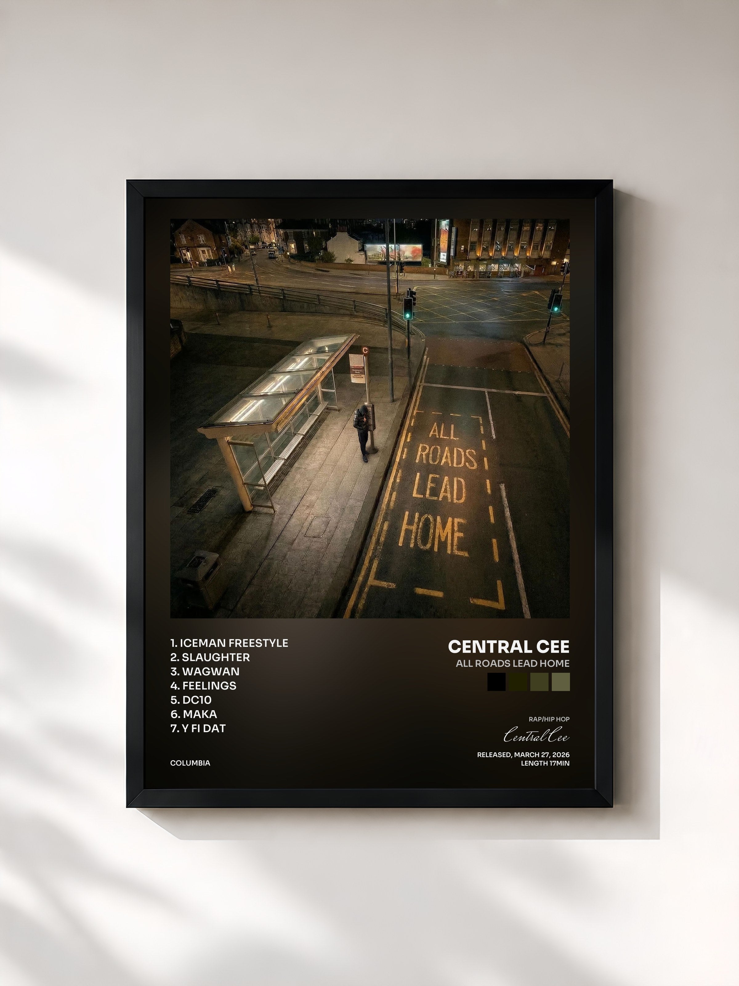 #noir Tableau de l'album ALL ROADS LEAD HOME de Central Cee, cadre noir, imprimé et encadré en France