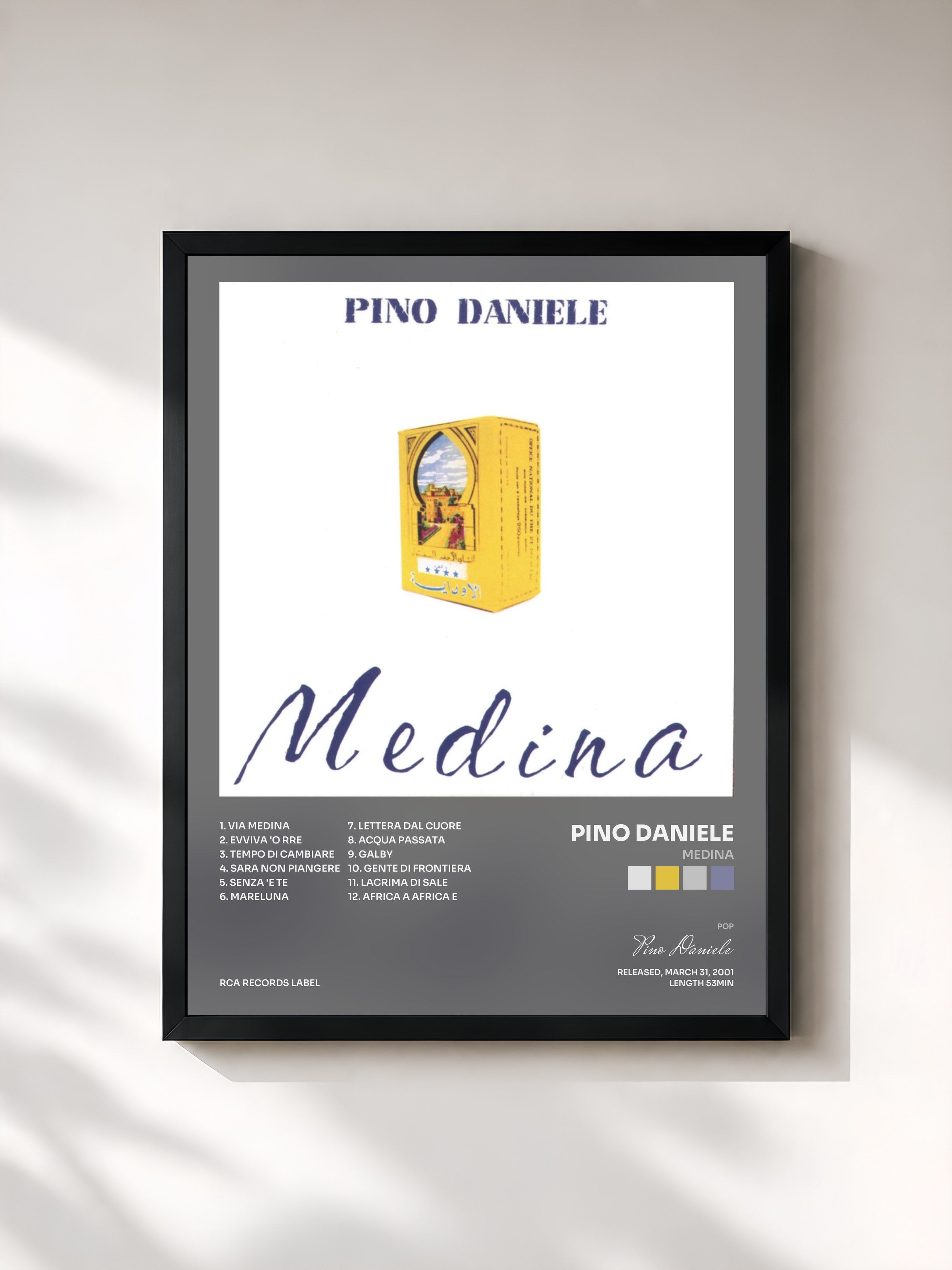 #noir Tableau de l'album Medina de Pino Daniele, cadre noir, imprimé et encadré en France