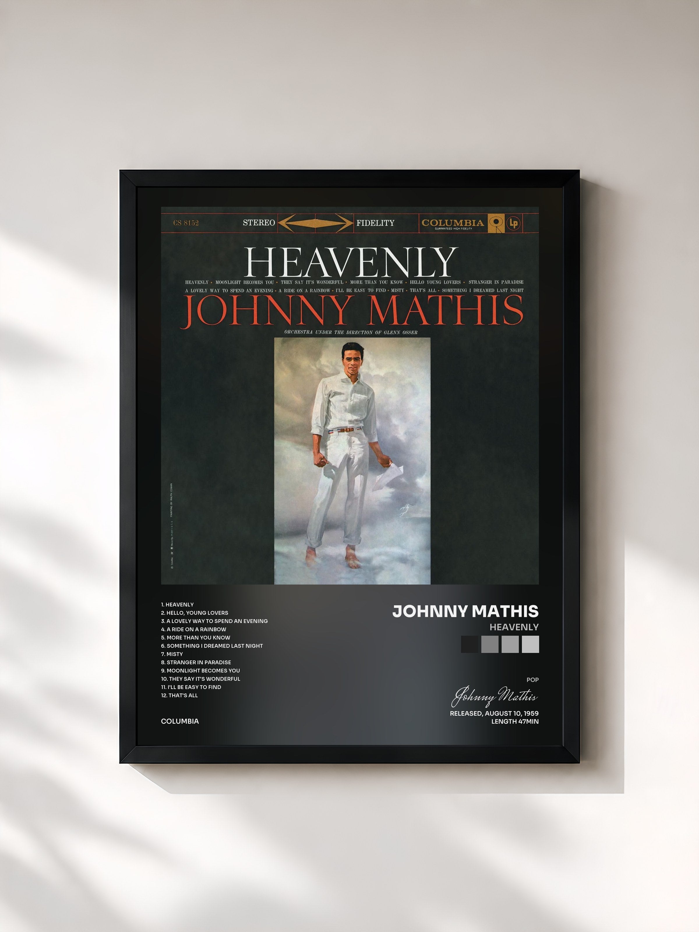 #noir Tableau de l'album Heavenly de Johnny Mathis, cadre noir, imprimé et encadré en France