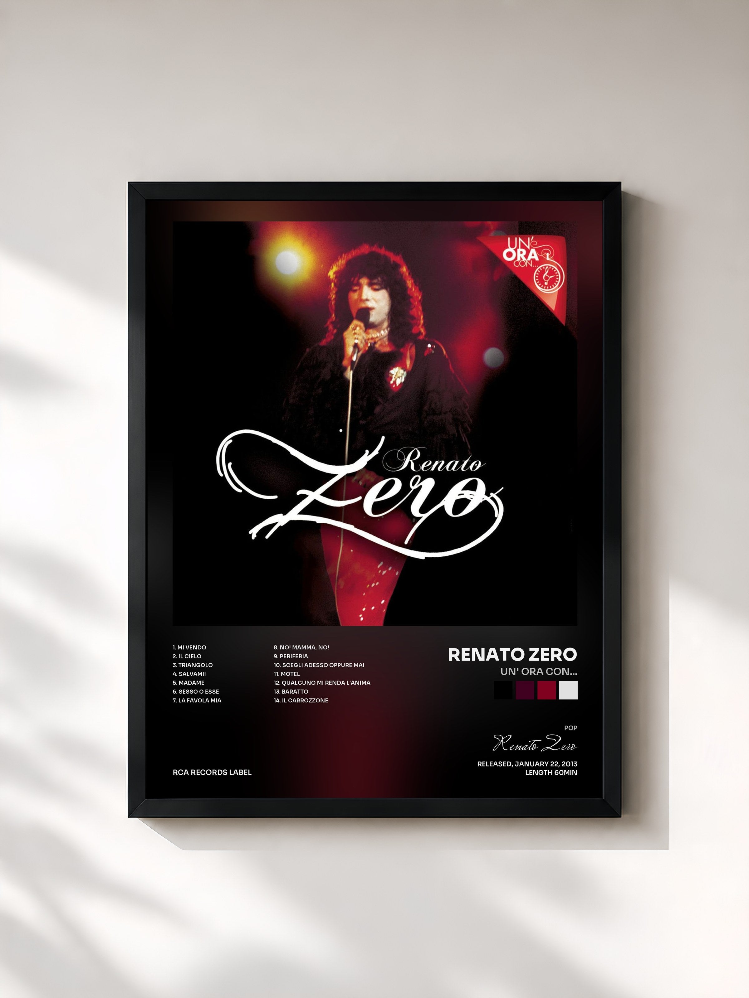 #noir Tableau de l'album Un' ora con... de Renato Zero, cadre noir, imprimé et encadré en France