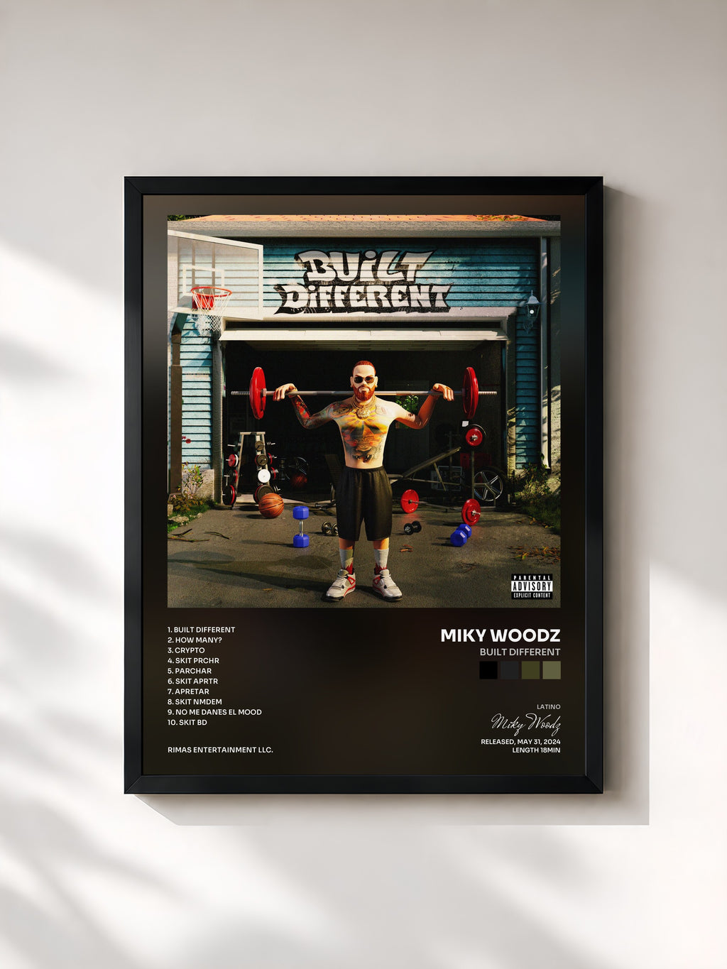#noir Tableau de l'album BUILT DIFFERENT de Miky Woodz, cadre noir, imprimé et encadré en France