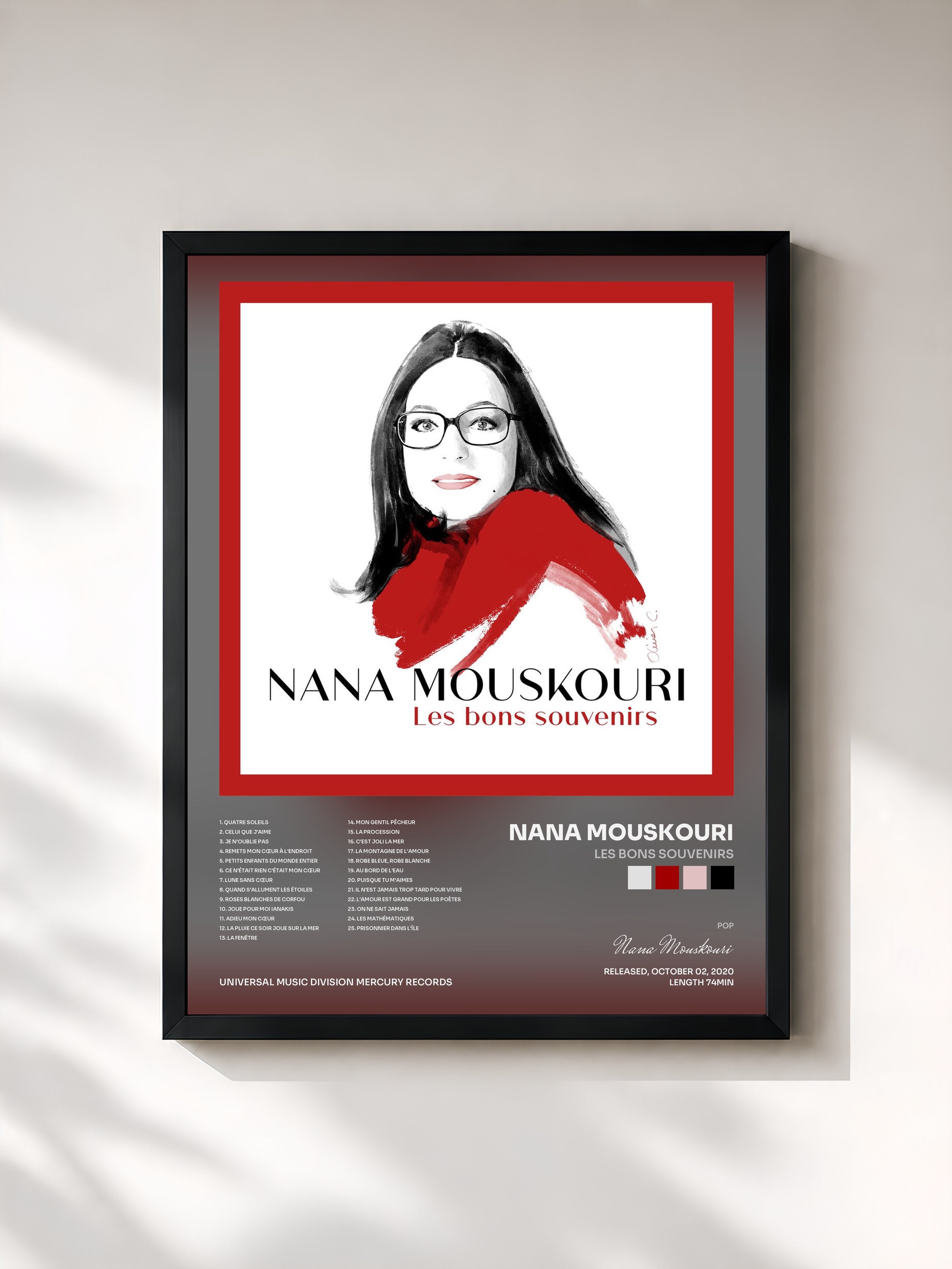 #noir Tableau de l'album Les bons souvenirs de Nana Mouskouri, cadre noir, imprimé et encadré en France