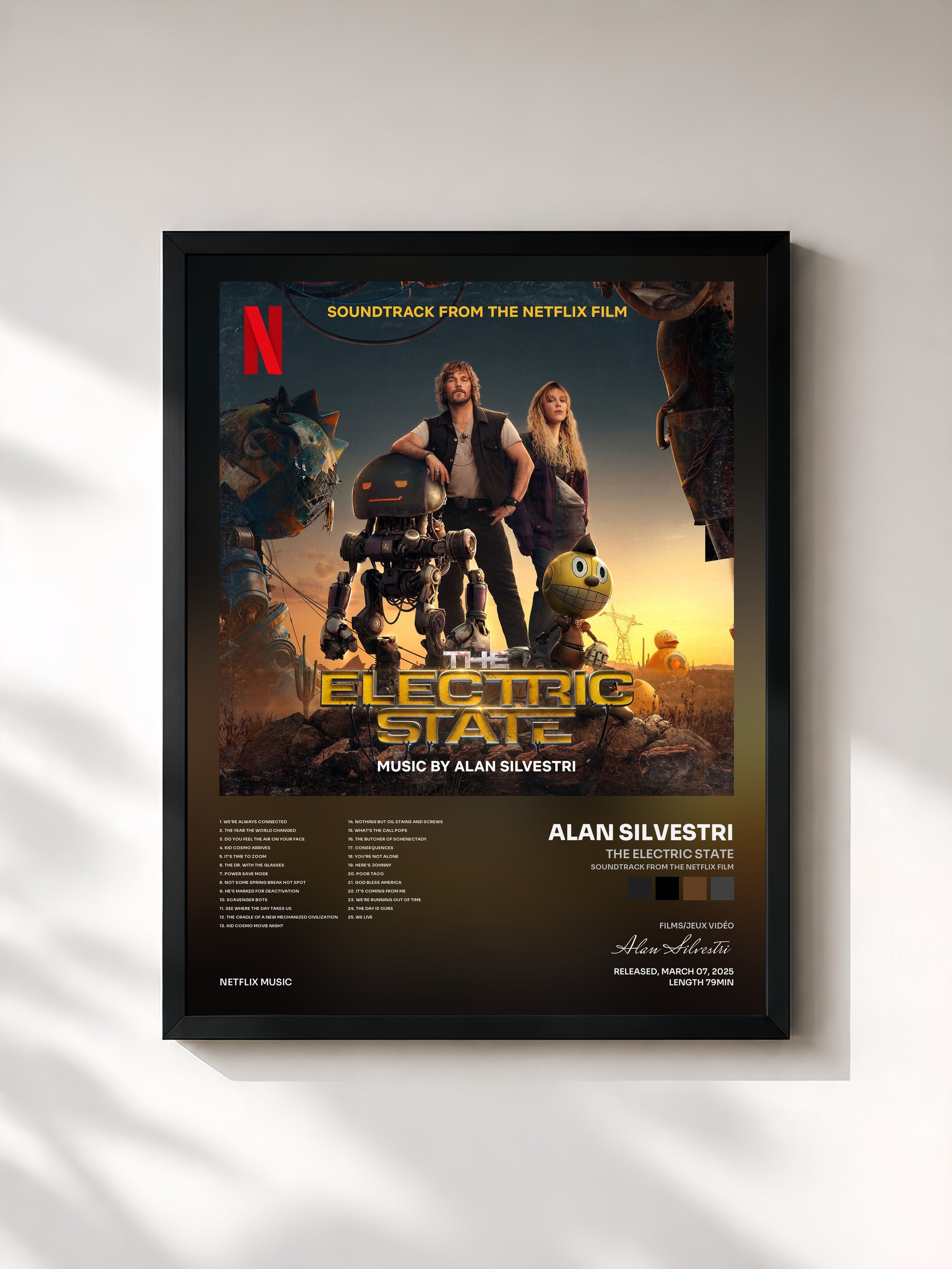 #noir Tableau de l'album The Electric State (Soundtrack from the Netflix Film) de Alan Silvestri, cadre noir, imprimé et encadré en France