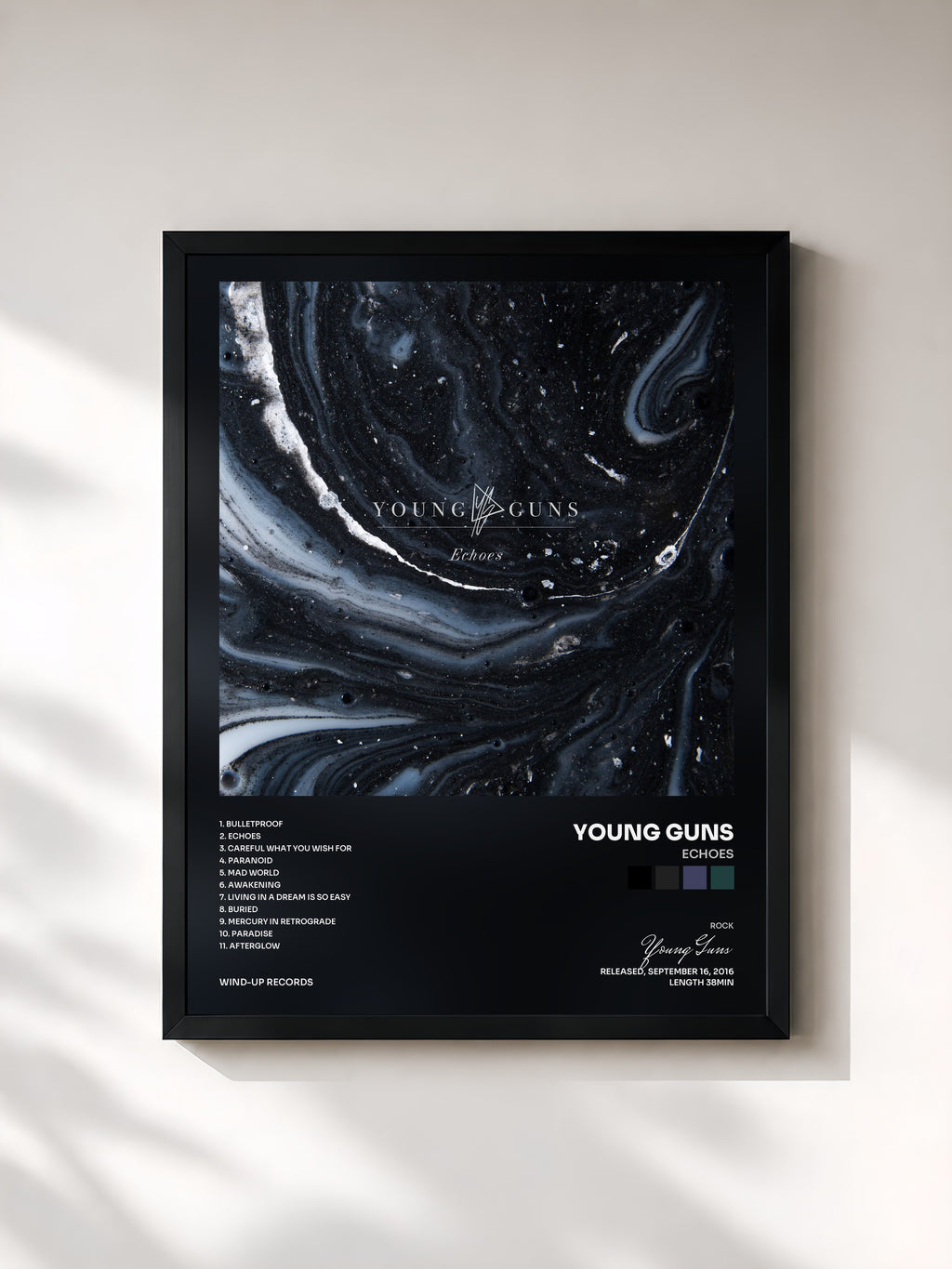 #noir Tableau de l'album Echoes de Young Guns, cadre noir, imprimé et encadré en France