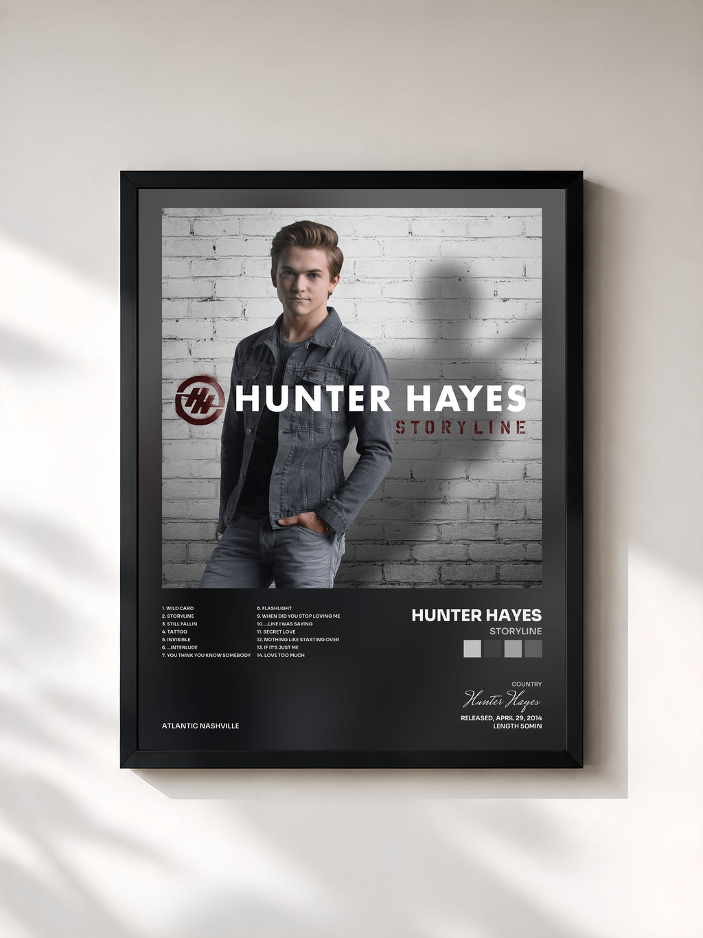 #noir Tableau de l'album Storyline de Hunter Hayes, cadre noir, imprimé et encadré en France