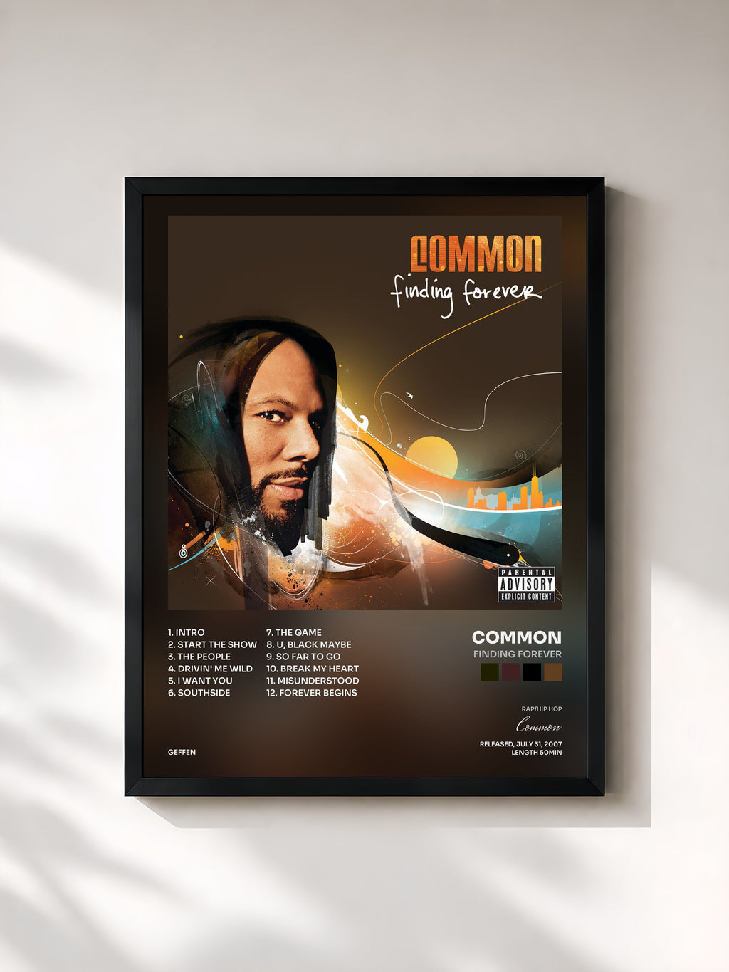 #noir Tableau de l'album Finding Forever de Common, cadre noir, imprimé et encadré en France