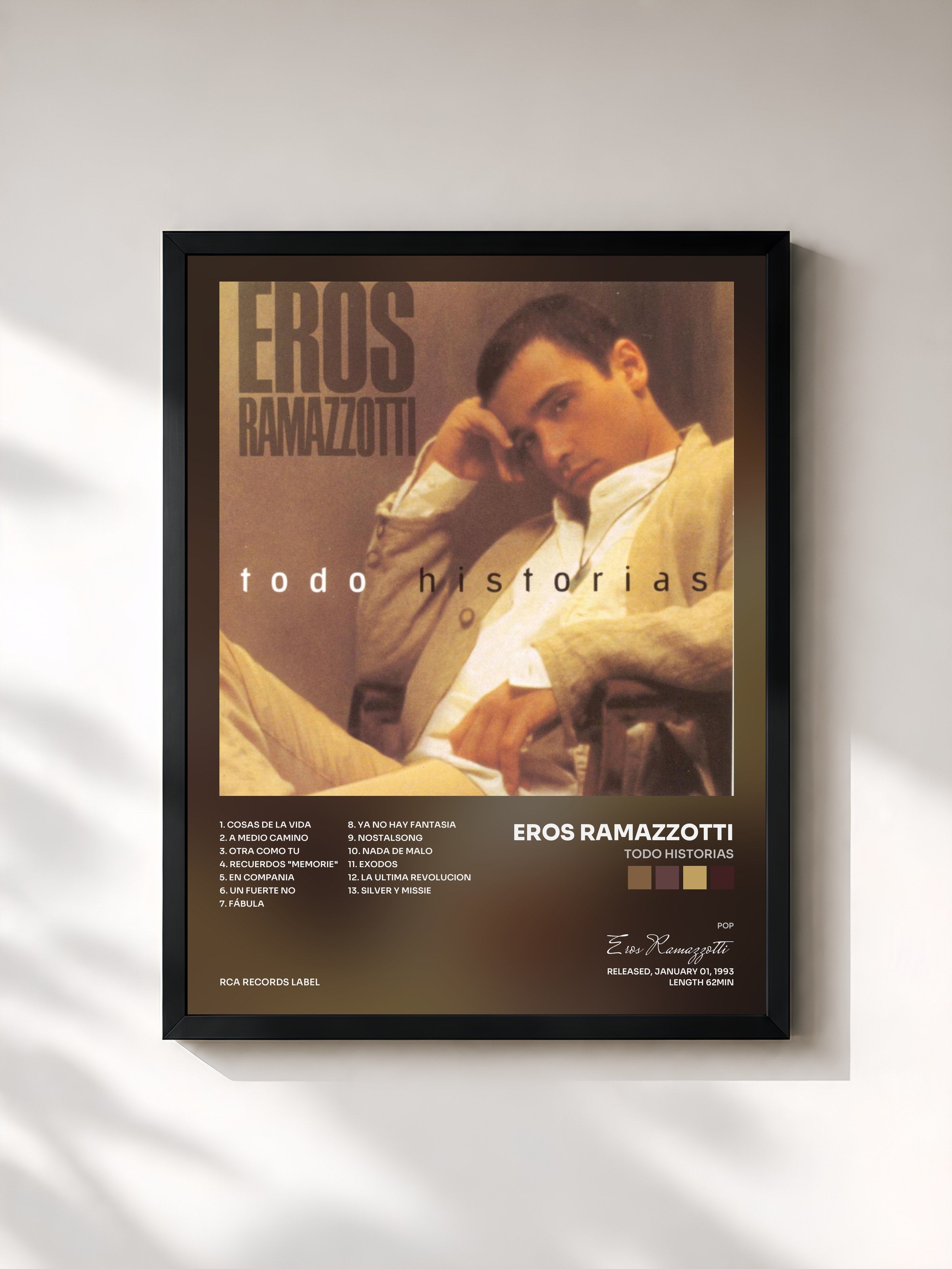 #noir Tableau de l'album Todo Historias de Eros Ramazzotti, cadre noir, imprimé et encadré en France