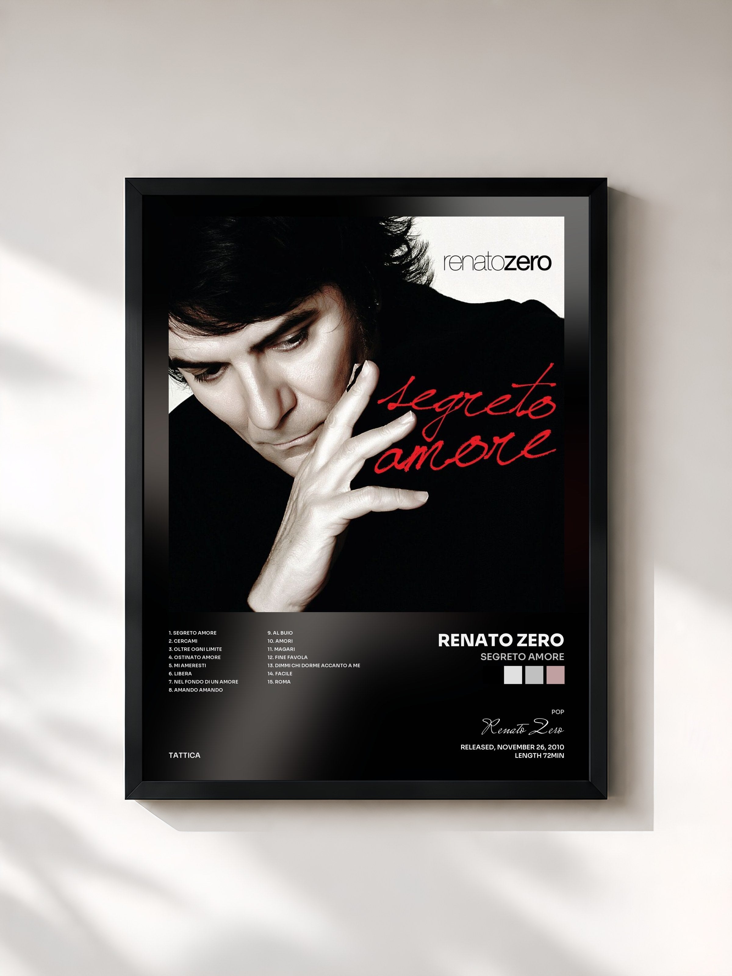 #noir Tableau de l'album Segreto Amore de Renato Zero, cadre noir, imprimé et encadré en France